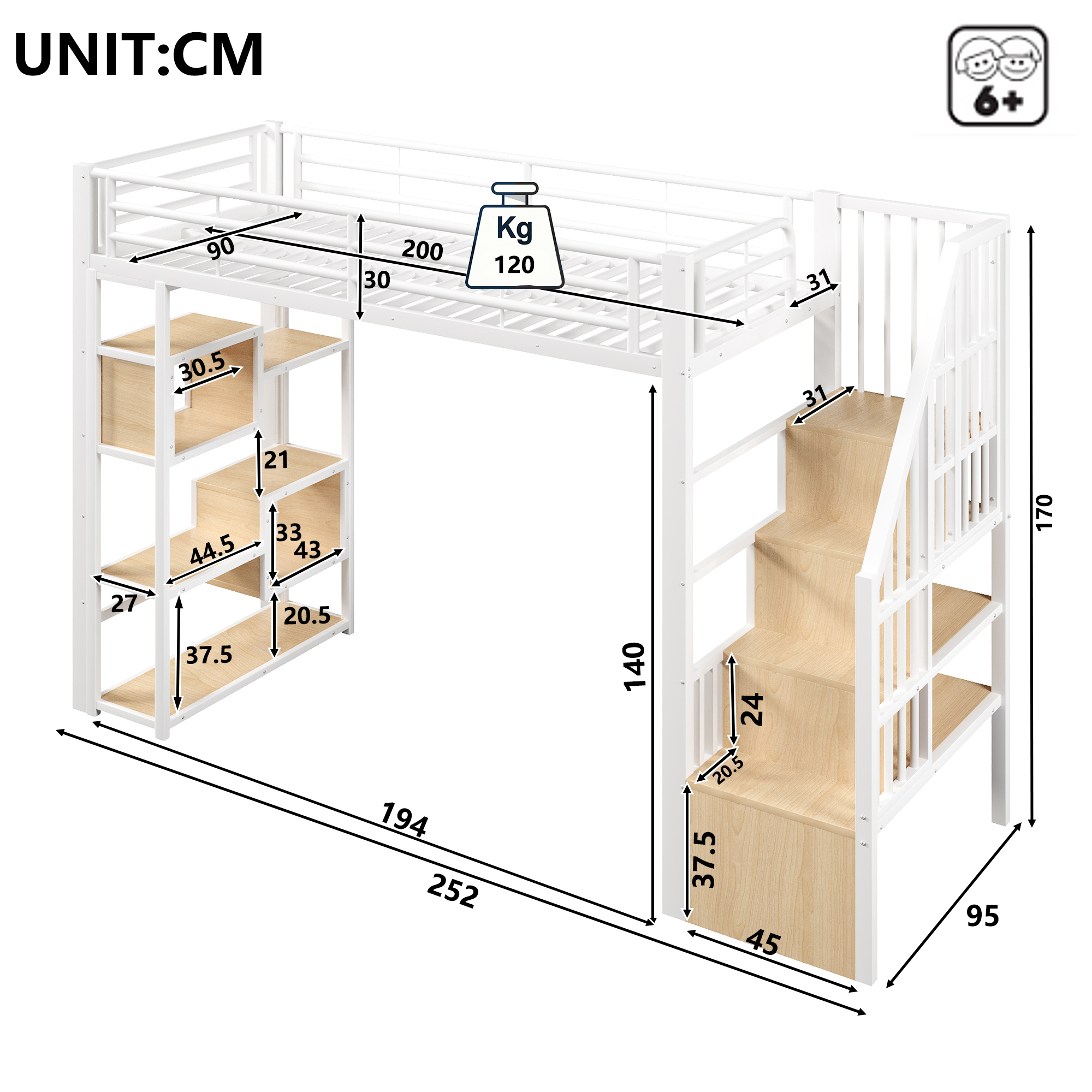 Lit mezzanine 90 x 200 cm avec éclairage LED, rangements intégrés, blanc - vue complémentaire 1