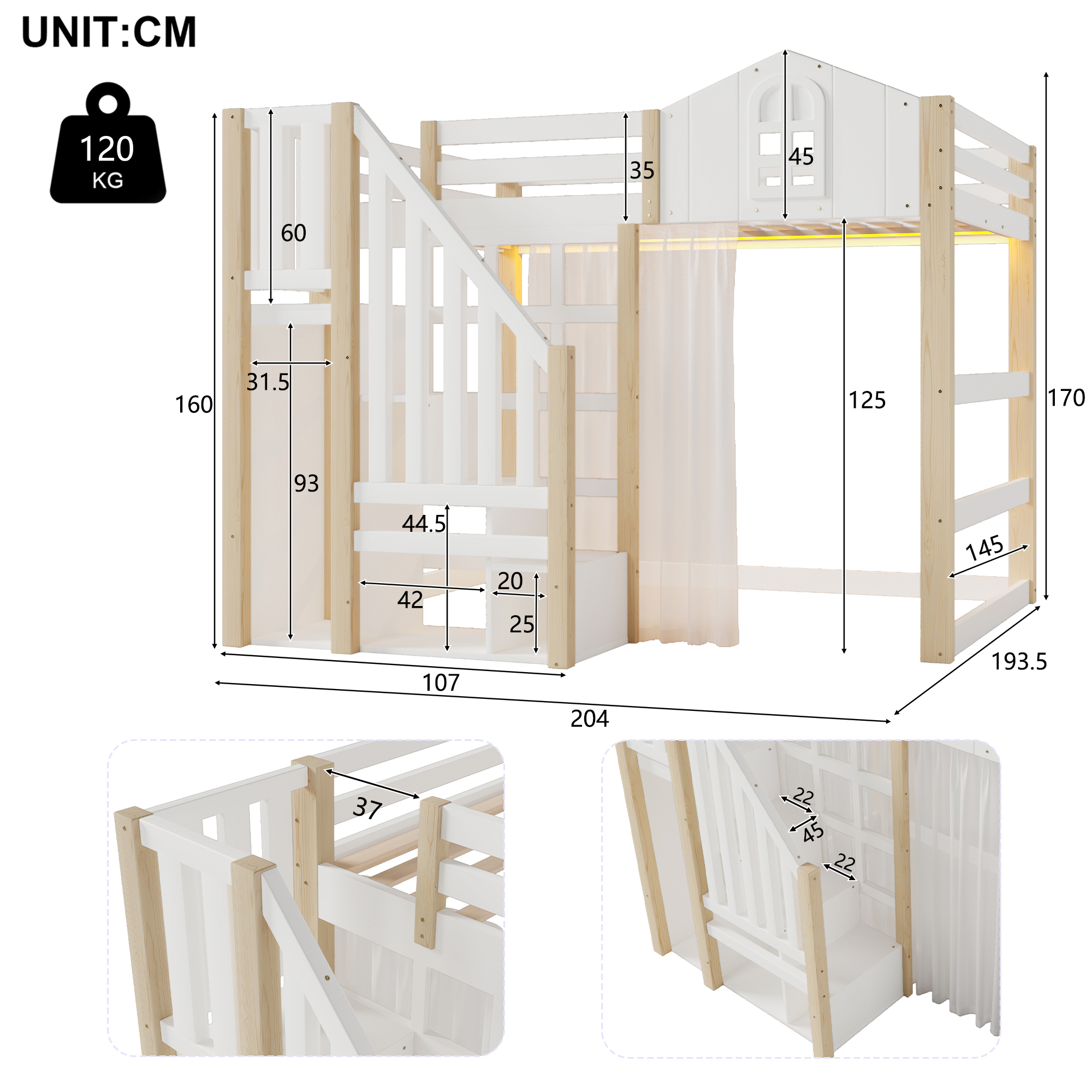 Schéma dimensions lit mezzanine enfant