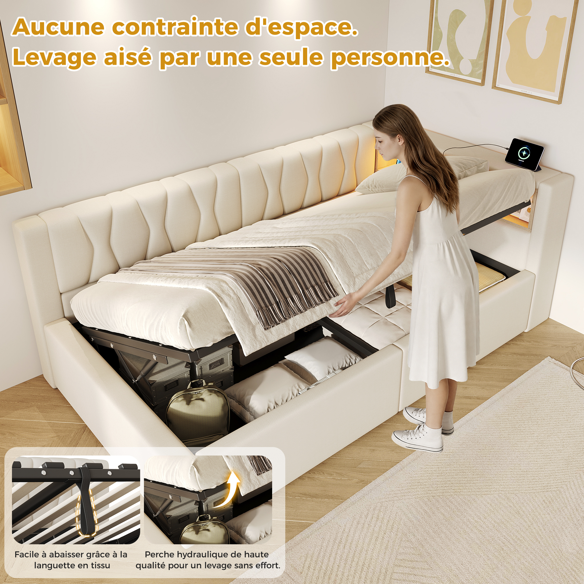Présentation de Lit banquette rembourré en lin 90 x 200 cm avec rangement hydraulique, LED et ports USB-C, Beige, sans matelas