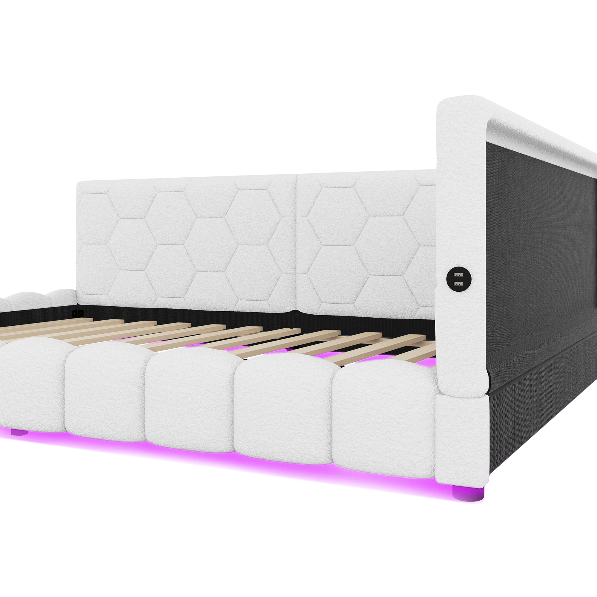 Lit avec LED 16 couleurs contrôlable app, USB + Type-C, velours imitation, MDF, pour chambre, ambiance romantique, recharge multiple, design moderne, confort et technologie, style fonctionnel élégant - image 11