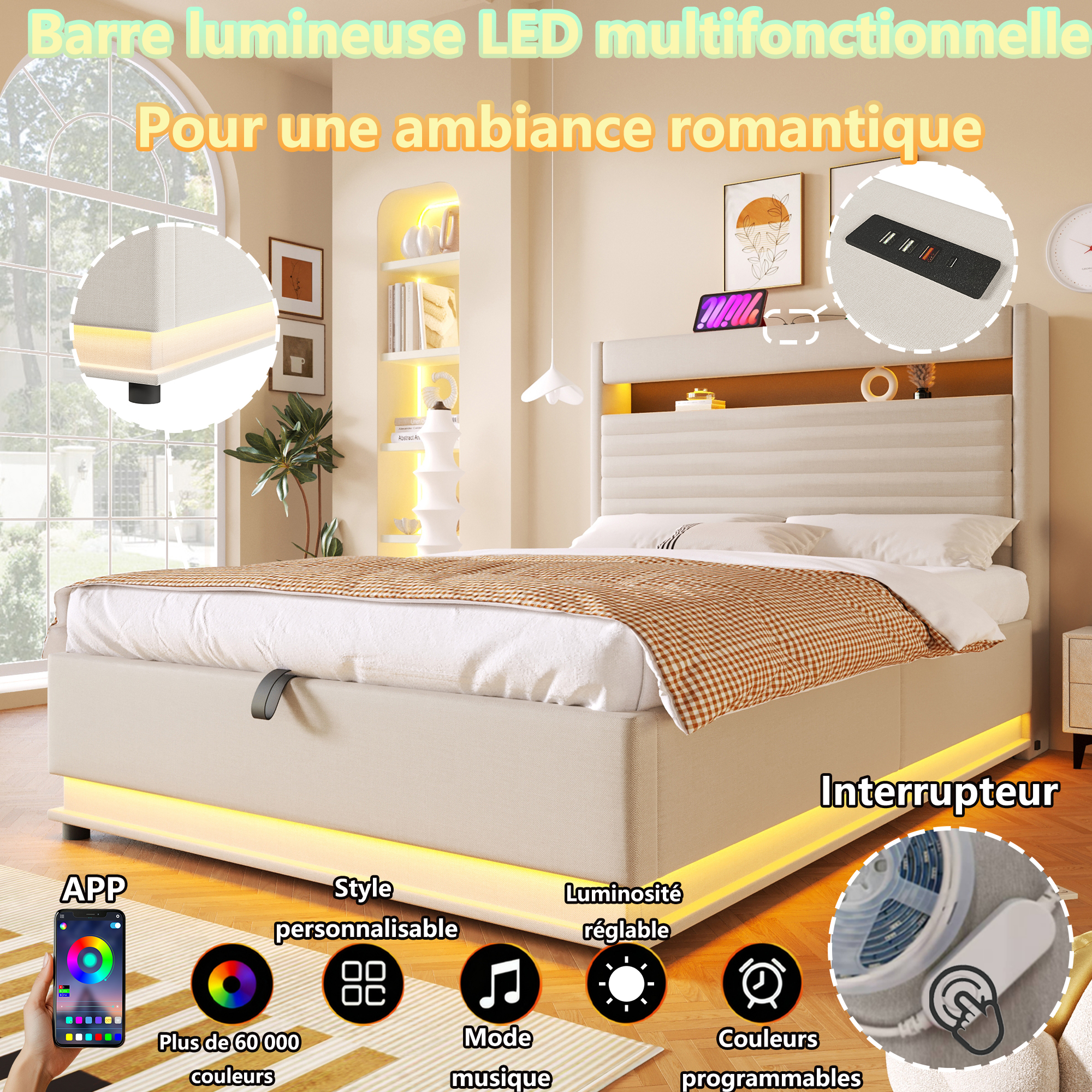 Lit rembourré 140 x 200 cm avec ports USB et Type- - image 12