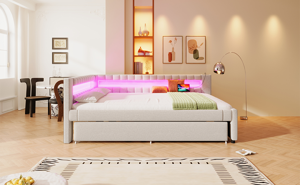 Lit en lin et MDF avec LED contrôlable tactile/app, USB + Type-C, lit escamotable, pour chambre, ambiance romantique, recharge multiple, utilisation flexible, design moderne, confort et technologie, style élégant - image 16