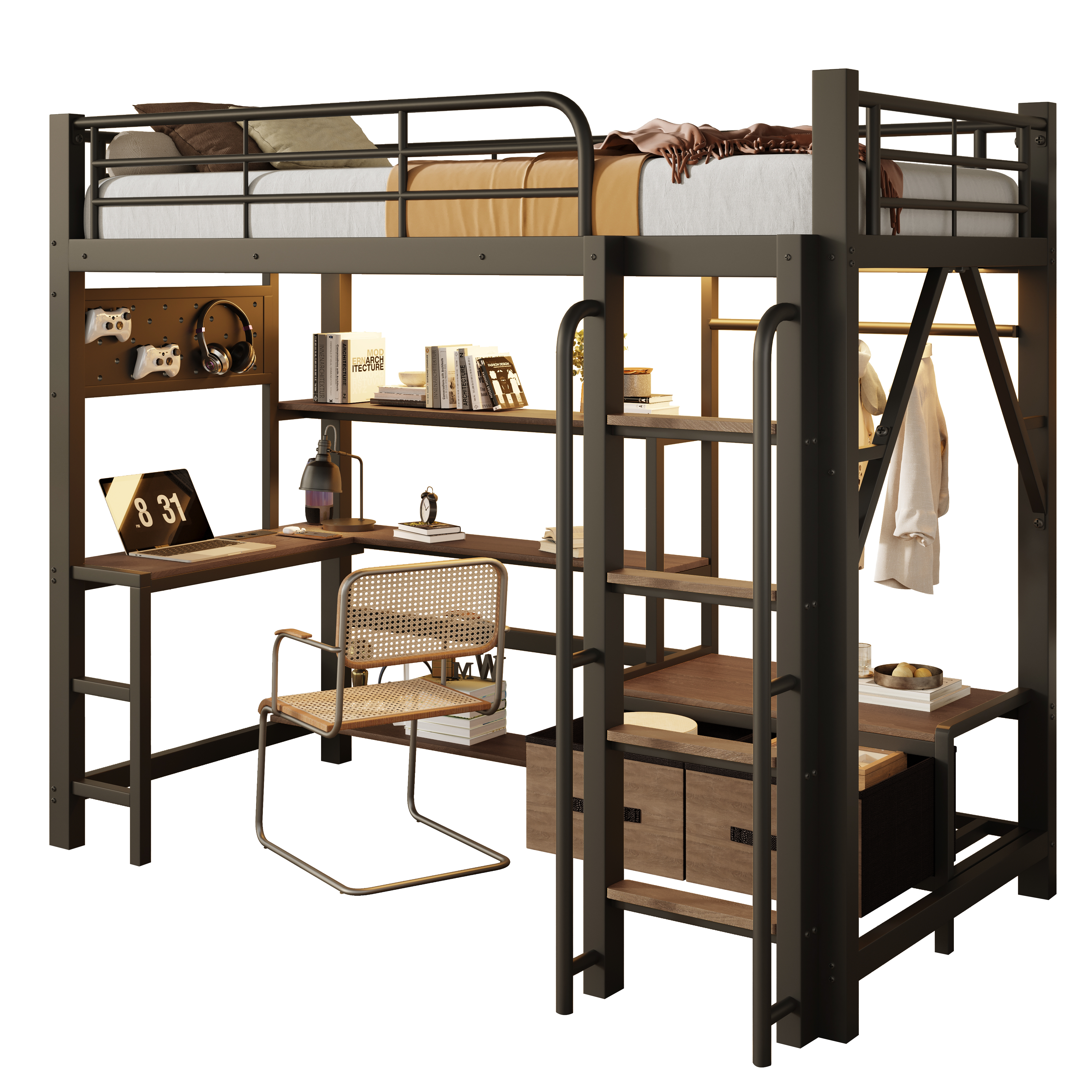 Lit mezzanine 90 x 200 cm avec éclairage LED, port USB / Type-C, prises intégrées, rangements intégrés, bureau intégré, noir - points forts 1