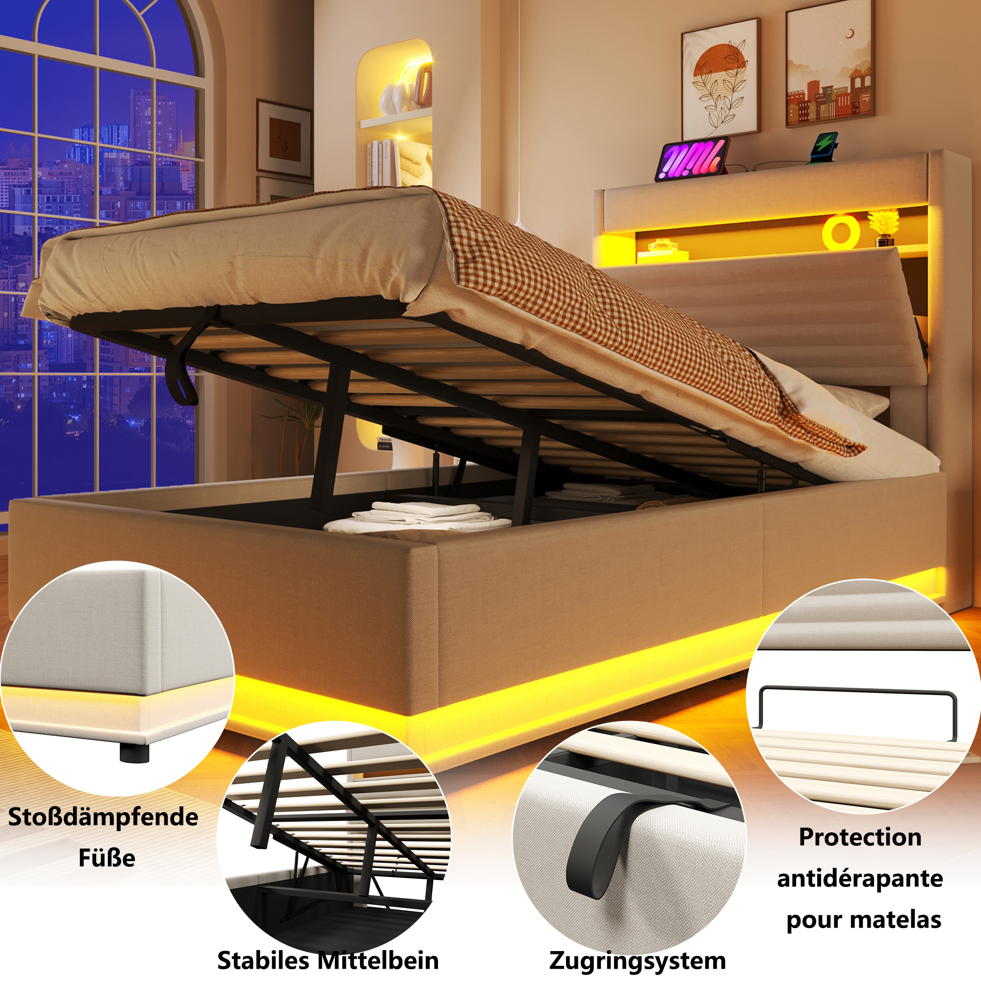 Dimensions du lit coffre rembourré Beige 90 x 200 cm avec LED et rangement