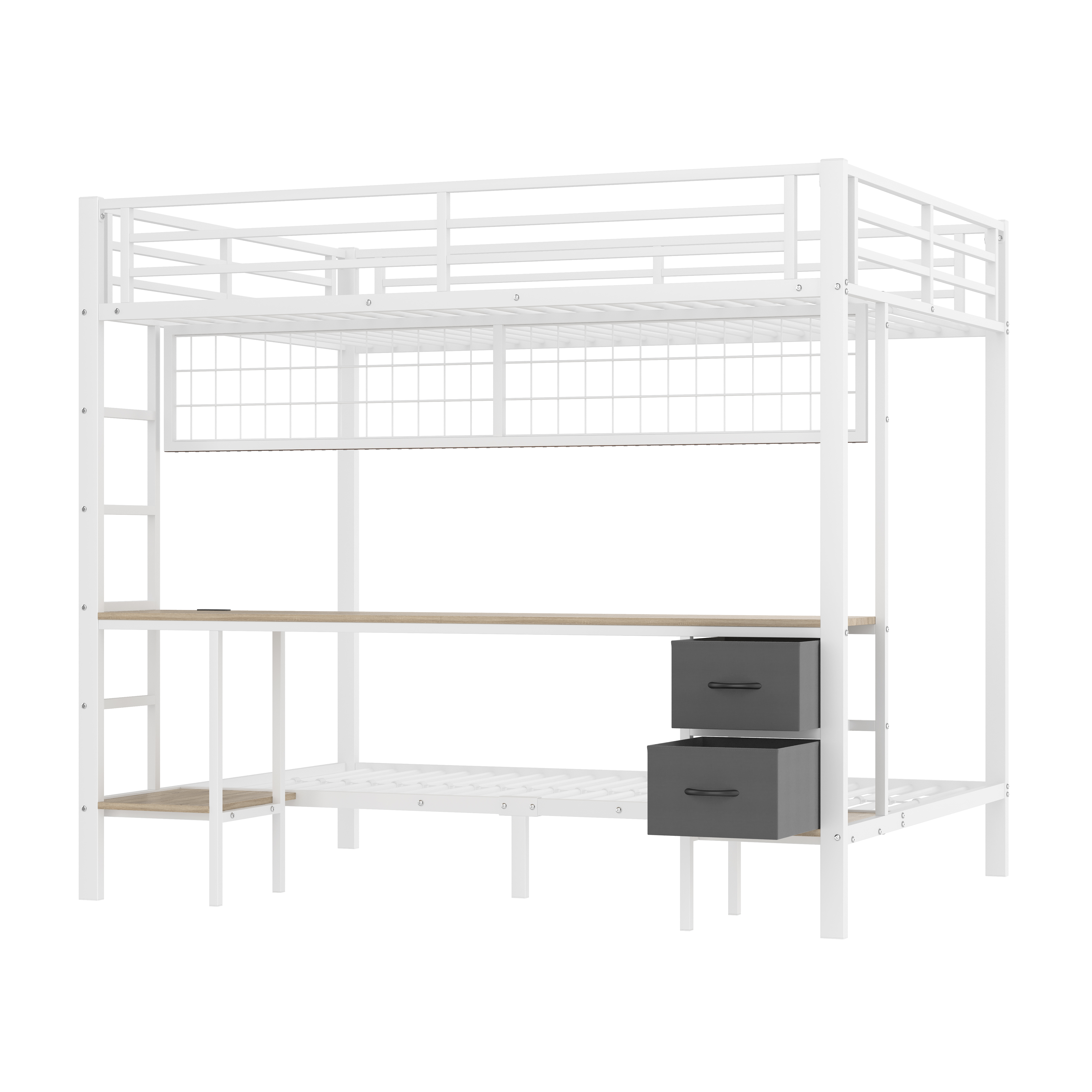 Lit mezzanine fer avec tiroirs, étagères étagées, grille suspendue, pour chambre d'enfant et étude, structure stable, beaucoup de rangement, organisation personnalisée, design fonctionnel, sécurité, durabilité - image 15