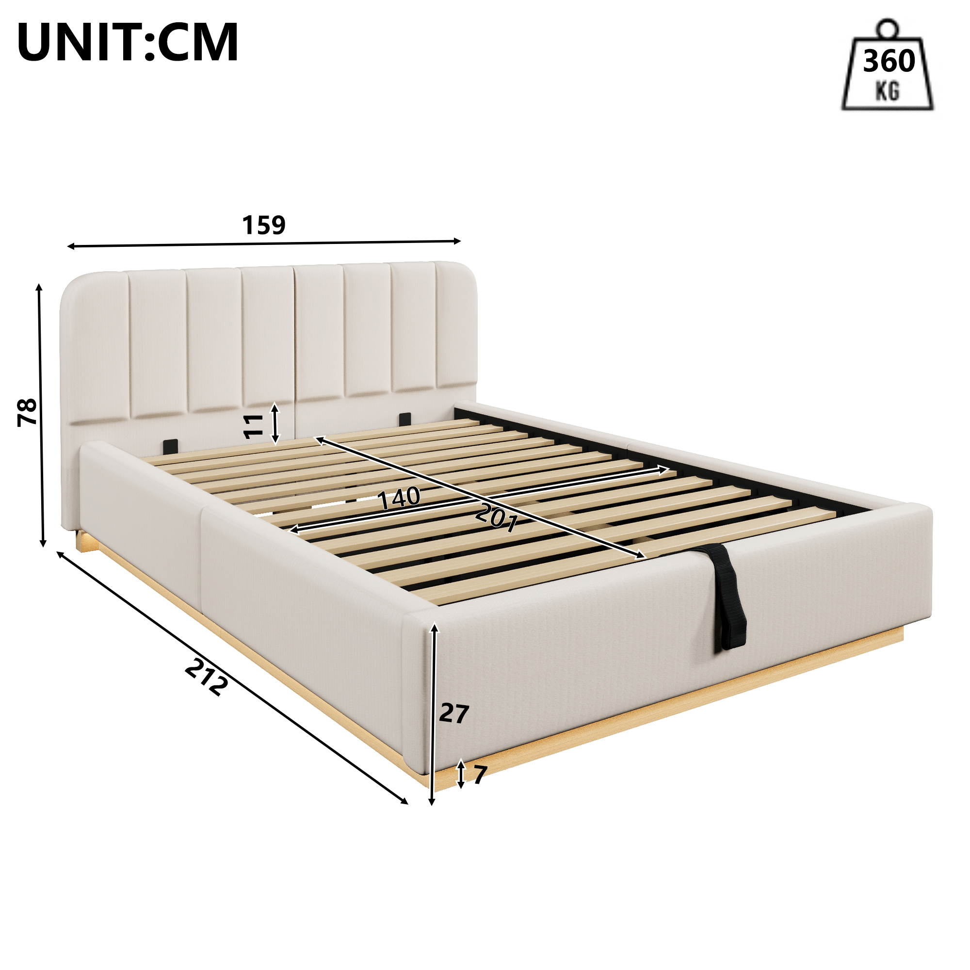 Dimensions et fonctions de Lit coffre rembourré en chenille 140 x 200 cm avec rangement hydraulique, LED et sommier à lattes, Beige, sans matelas