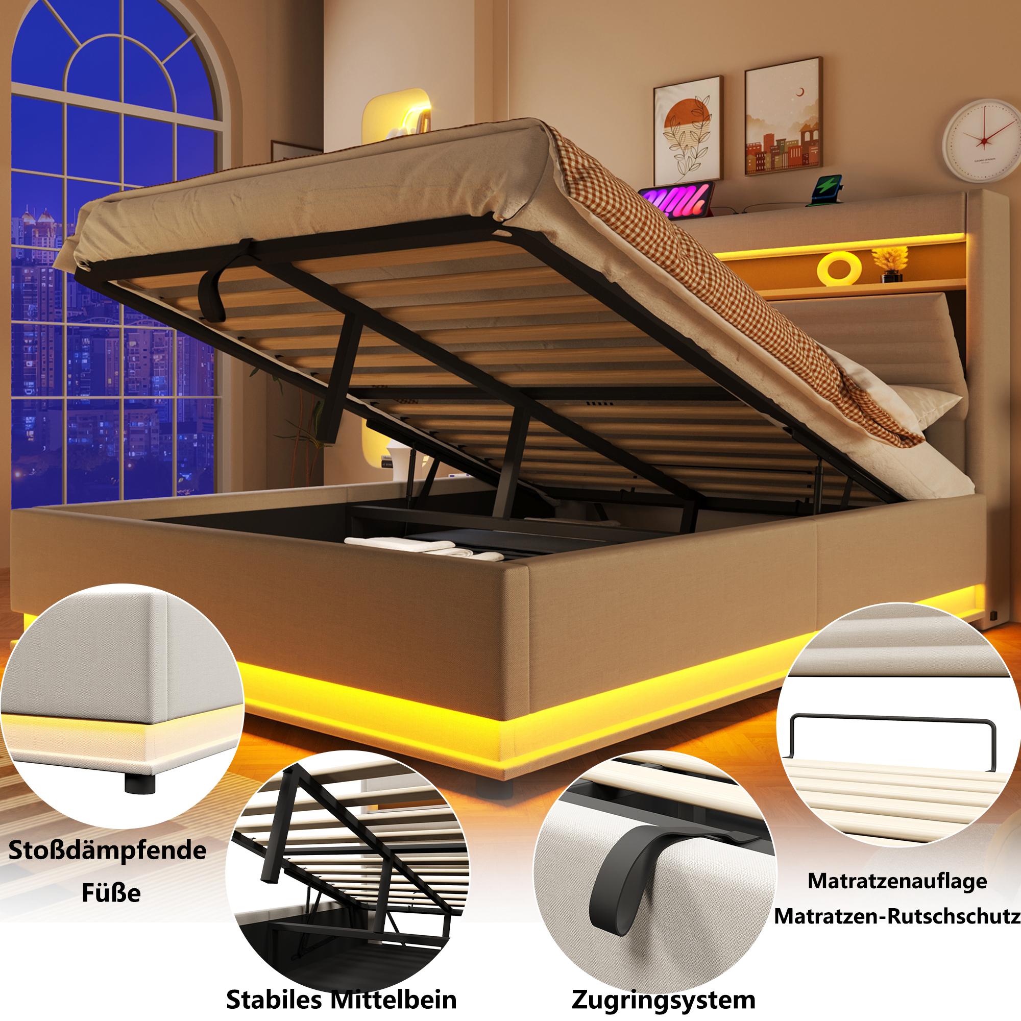 Lit rembourré 140 x 200 cm avec ports USB et Type- - image 13