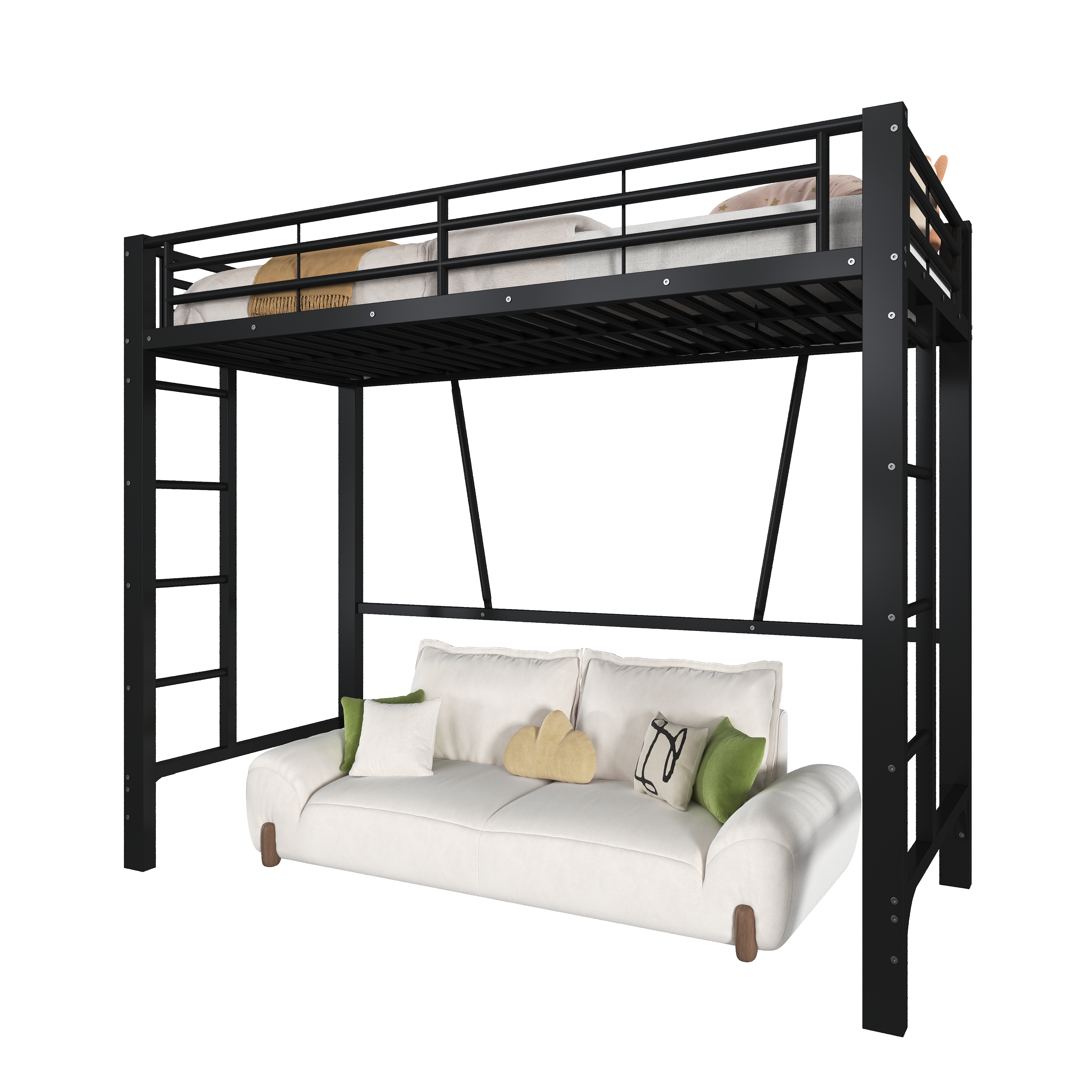 Détails de Lit mezzanine en métal 90 x 200 cm avec double échelle, rangements, espace inférieur ouvert et barrières de sécurité, Noir, sans matelas