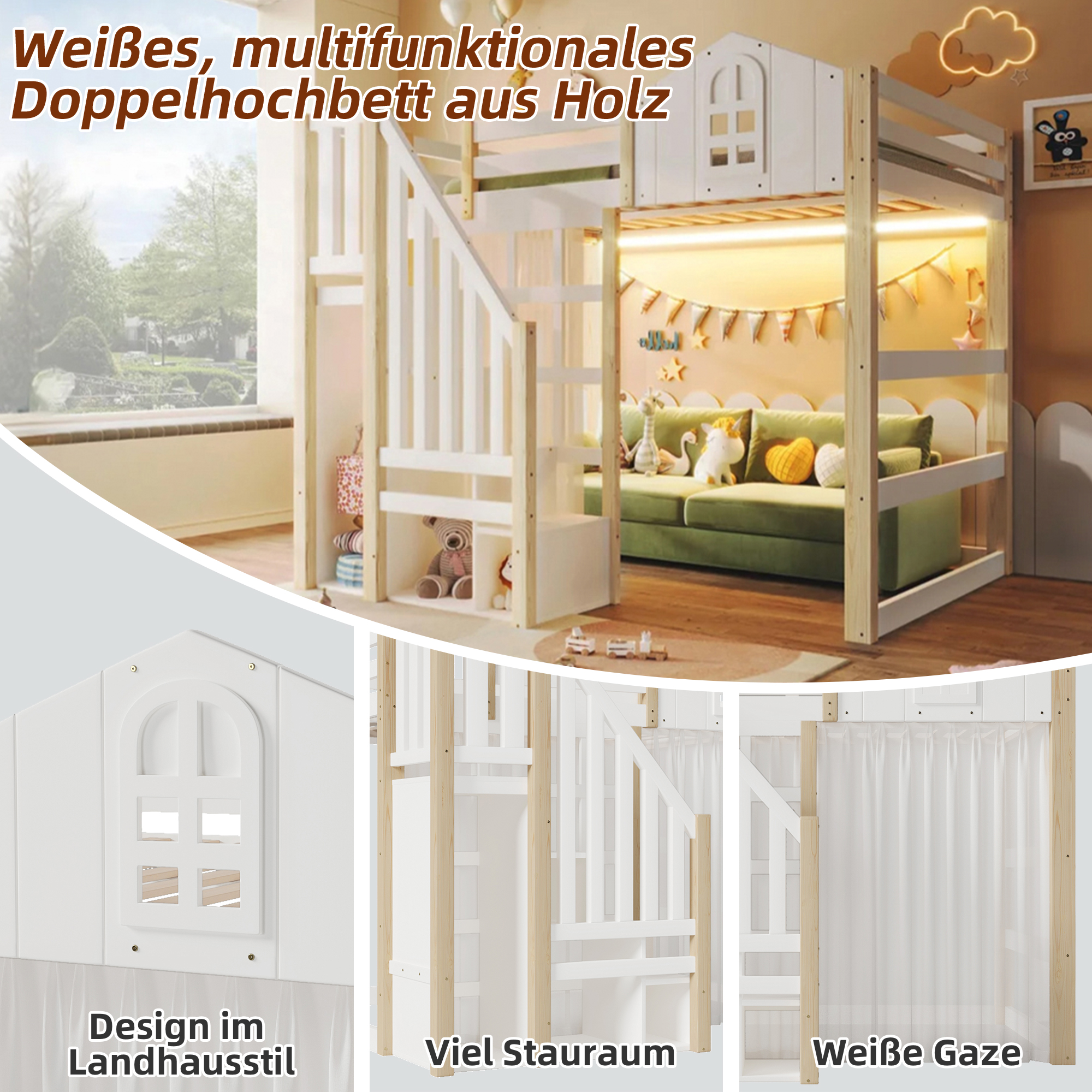 Lit mezzanine blanc 140x200 cm avec LED