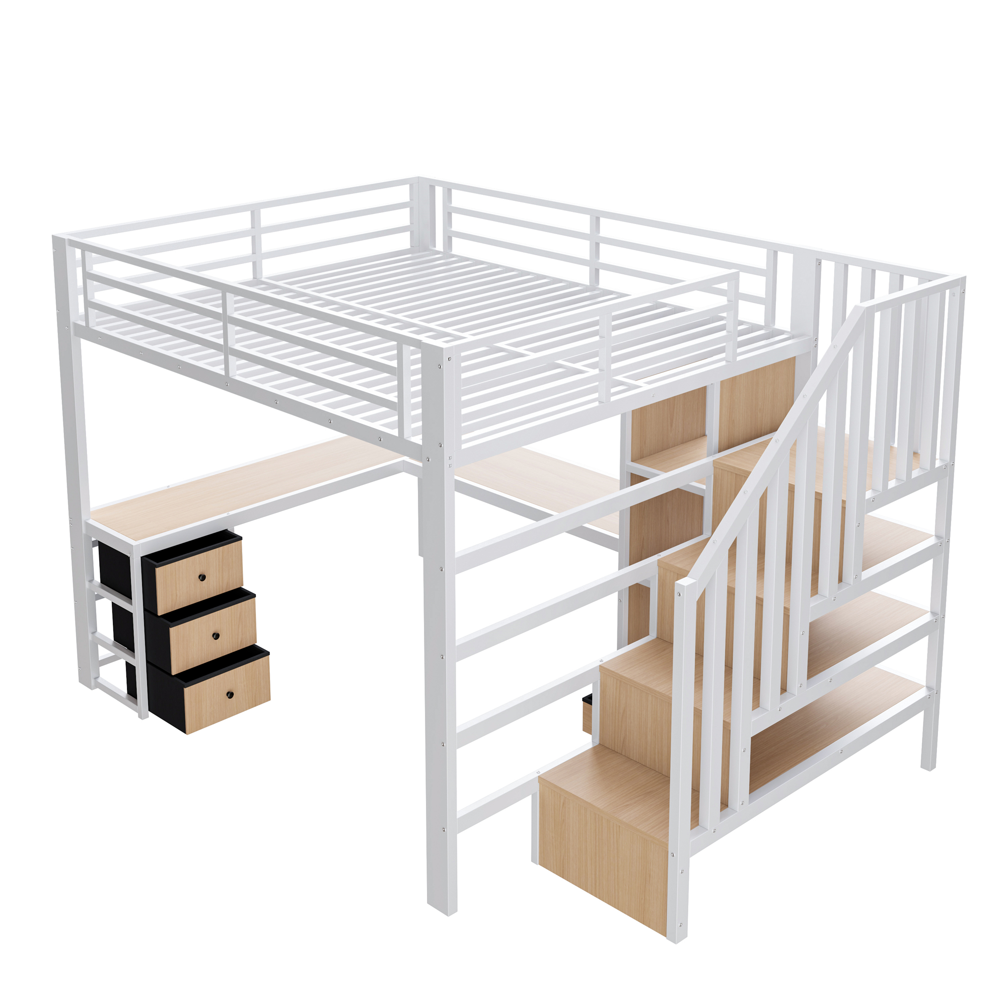 Lit mezzanine 140x200 cm avec rangement, bureau, LED métal, MDF blanc - vue complémentaire 1