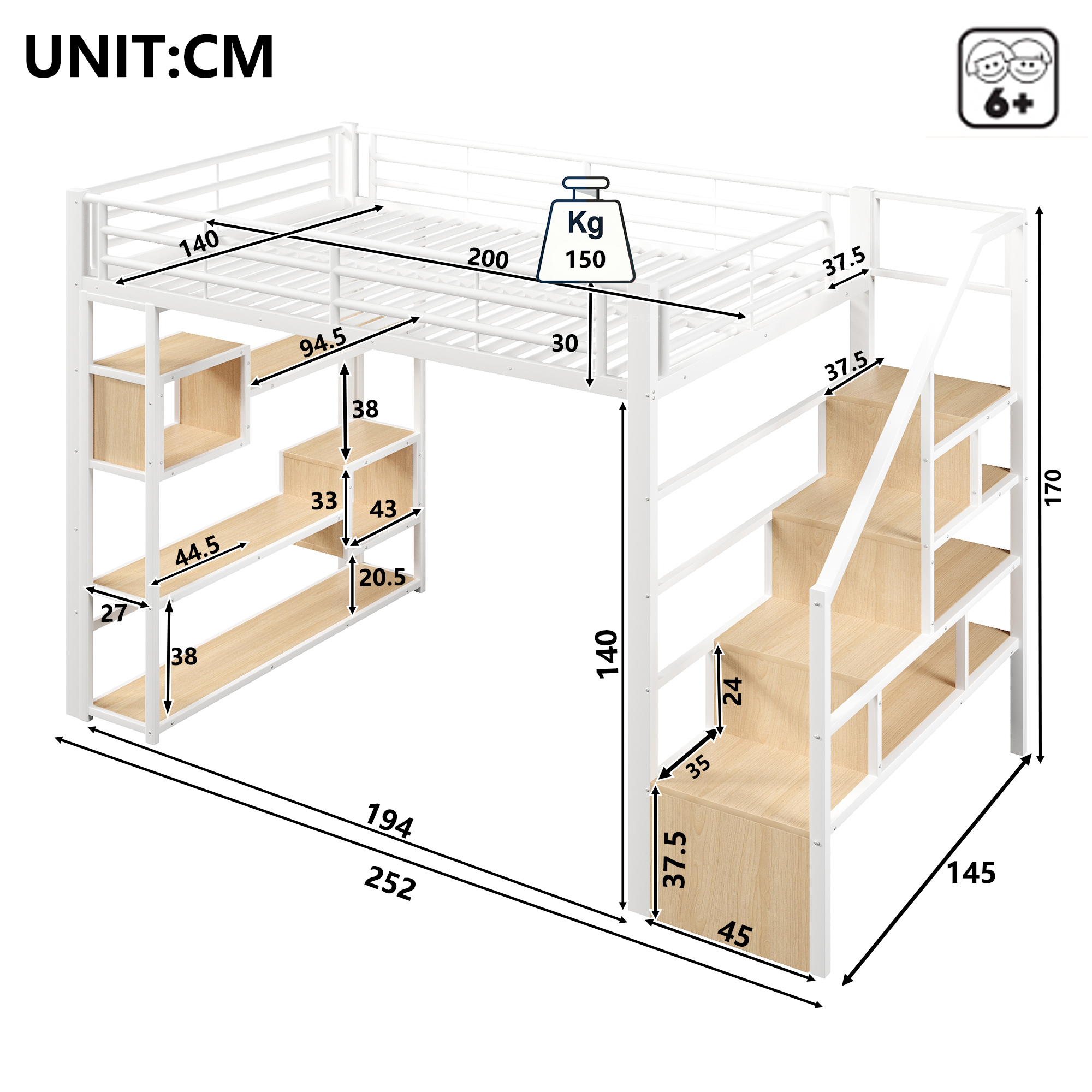 Lit mezzanine 140 x 200 cm avec éclairage LED, rangements intégrés, blanc - vue complémentaire 1