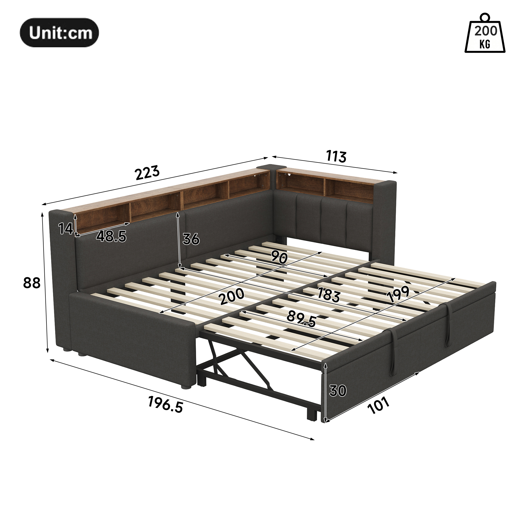Lit de Jour Convertible 90×200 cm – Lin de Qualité, LED et Rangement Intégré – Tête de lit d’angle rembourrée en L avec compartiments
