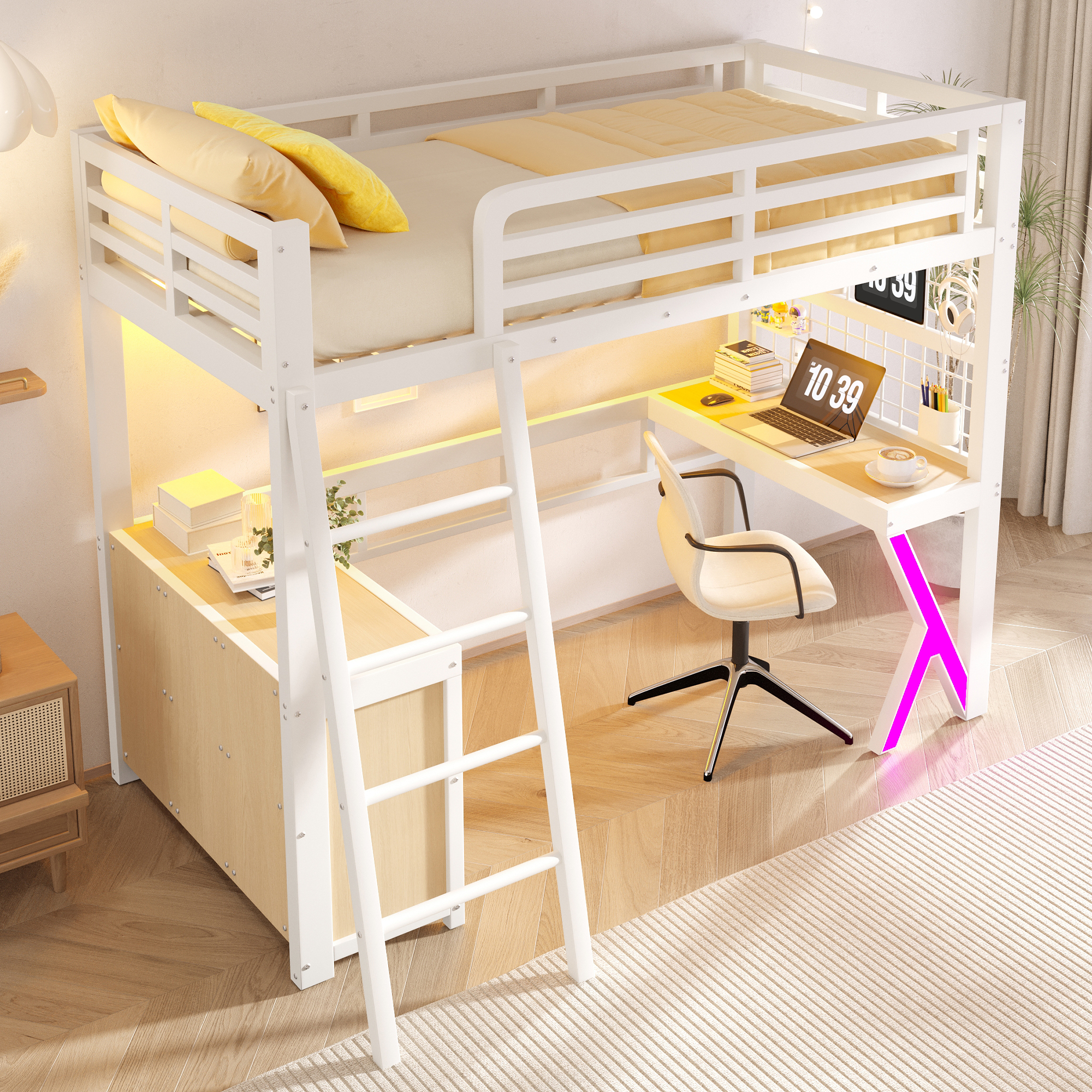 Lit mezzanine blanc 90 x 200 cm avec bureau, rangements et bande LED violette