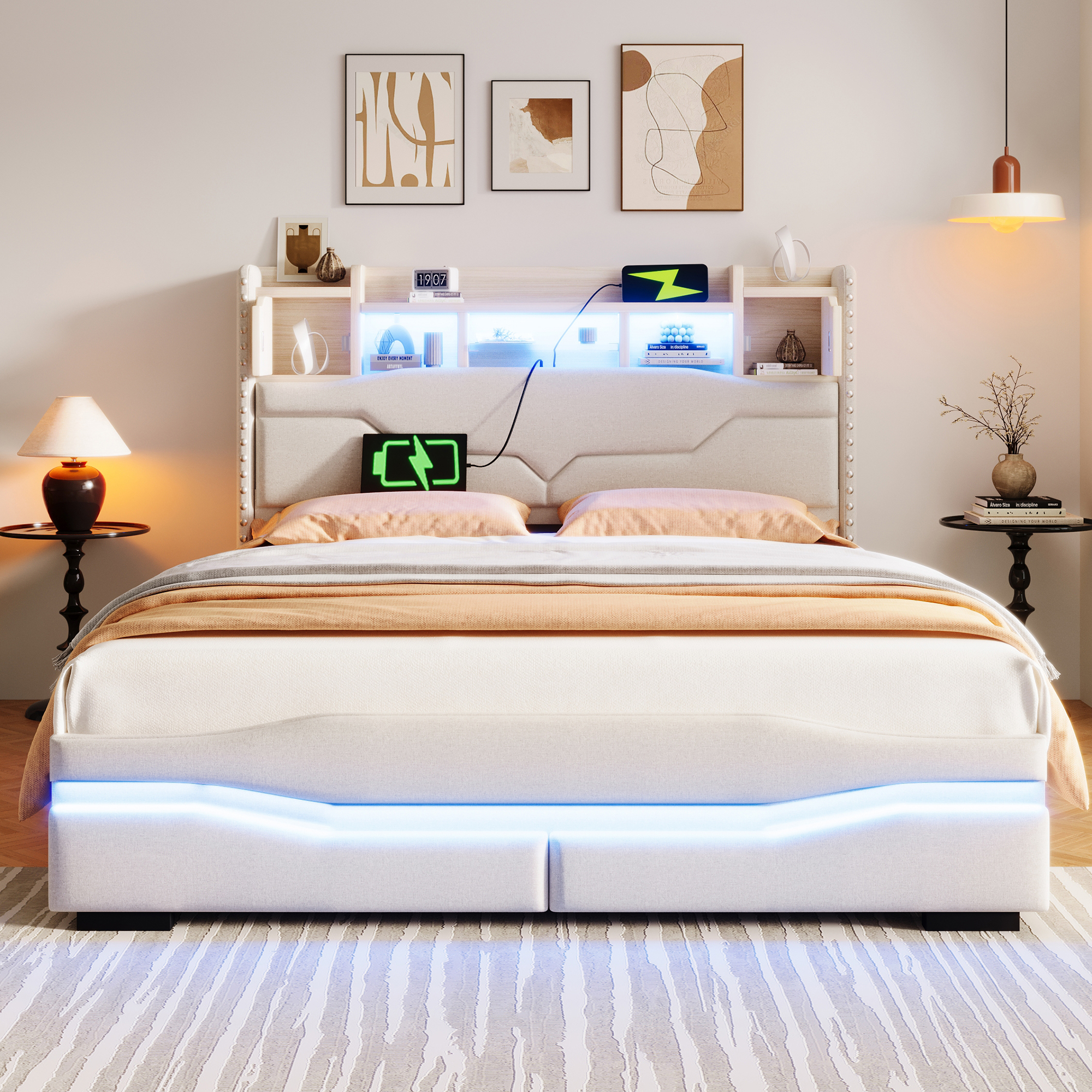 Lit capitonné 140x200 beige lin coffre hydraulique LED