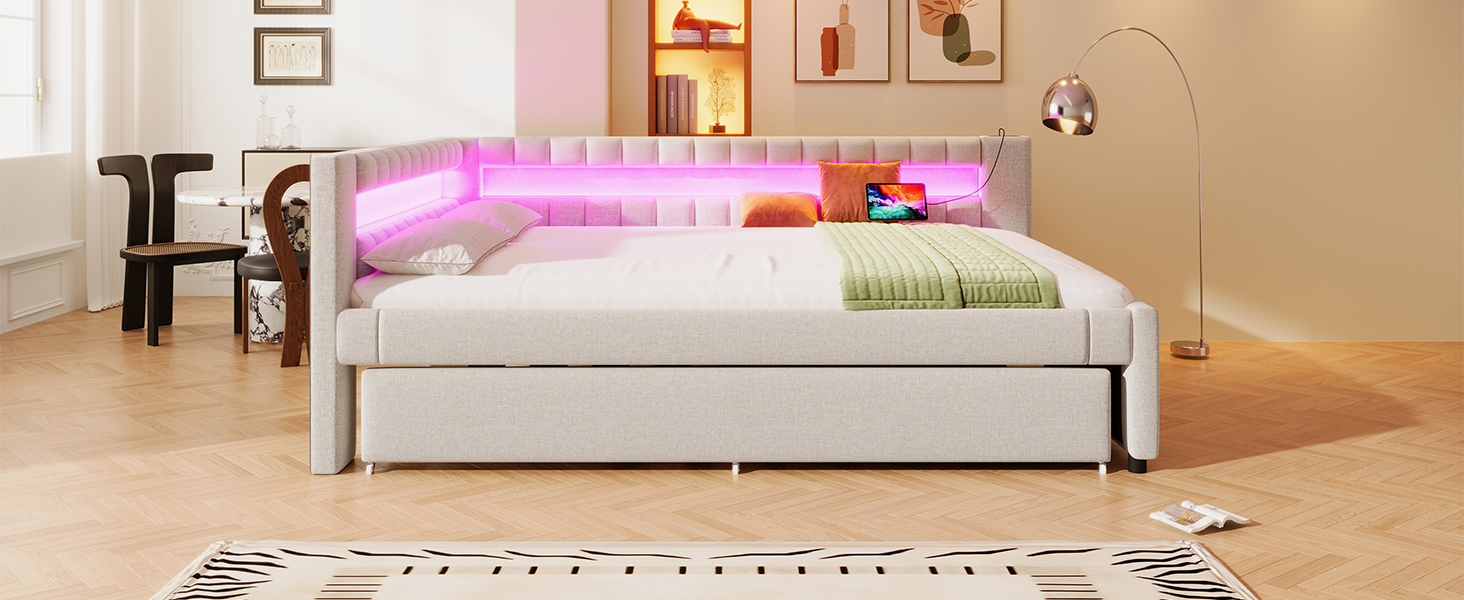 Lit en lin et MDF avec LED contrôlable tactile/app, USB + Type-C, lit escamotable, pour chambre, ambiance romantique, recharge multiple, utilisation flexible, design moderne, confort et technologie, style élégant - image 17