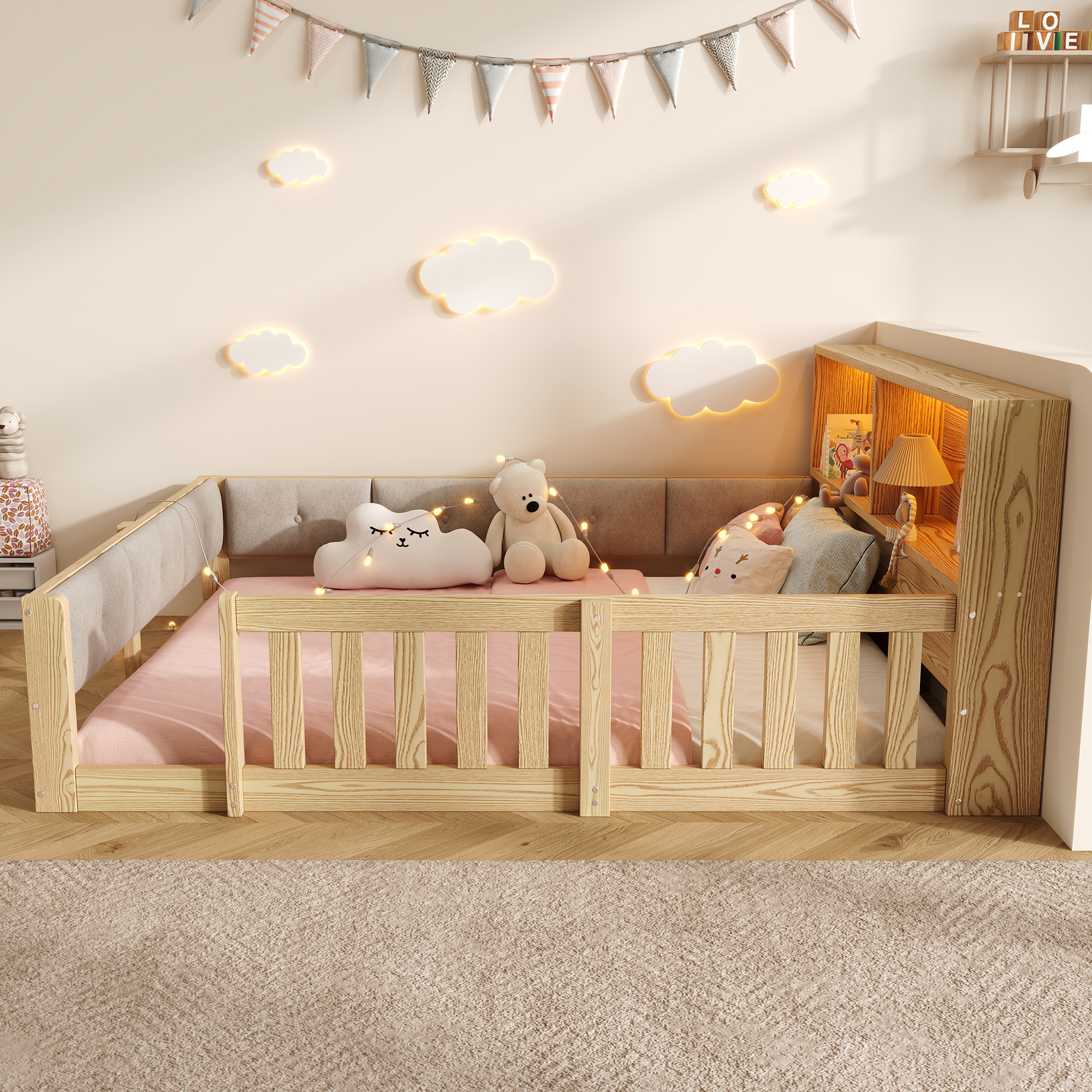 Lit enfant 140 x 200 cm avec LED et protection rembourrée, Naturel, sans matelas