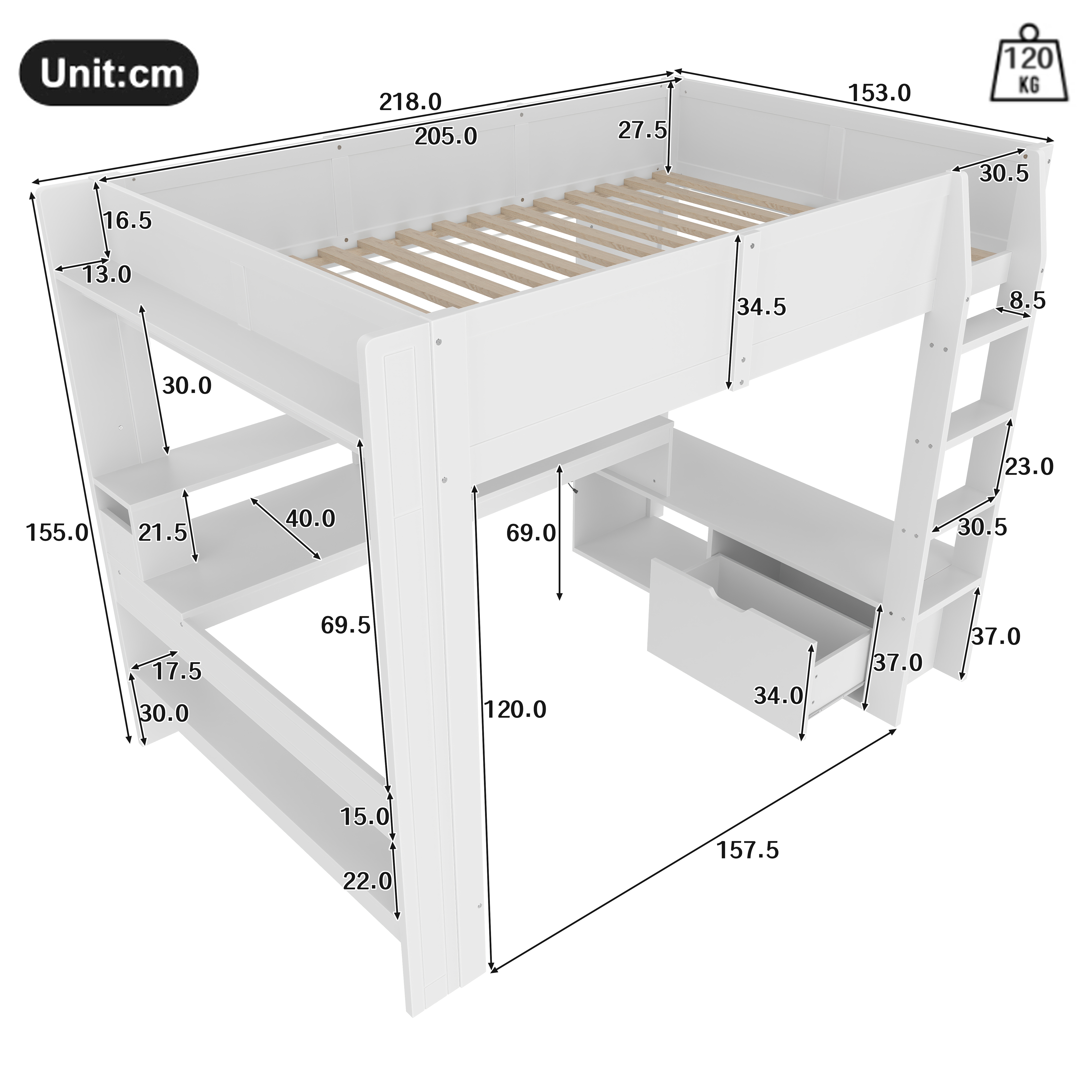 Schéma dimensions lit mezzanine