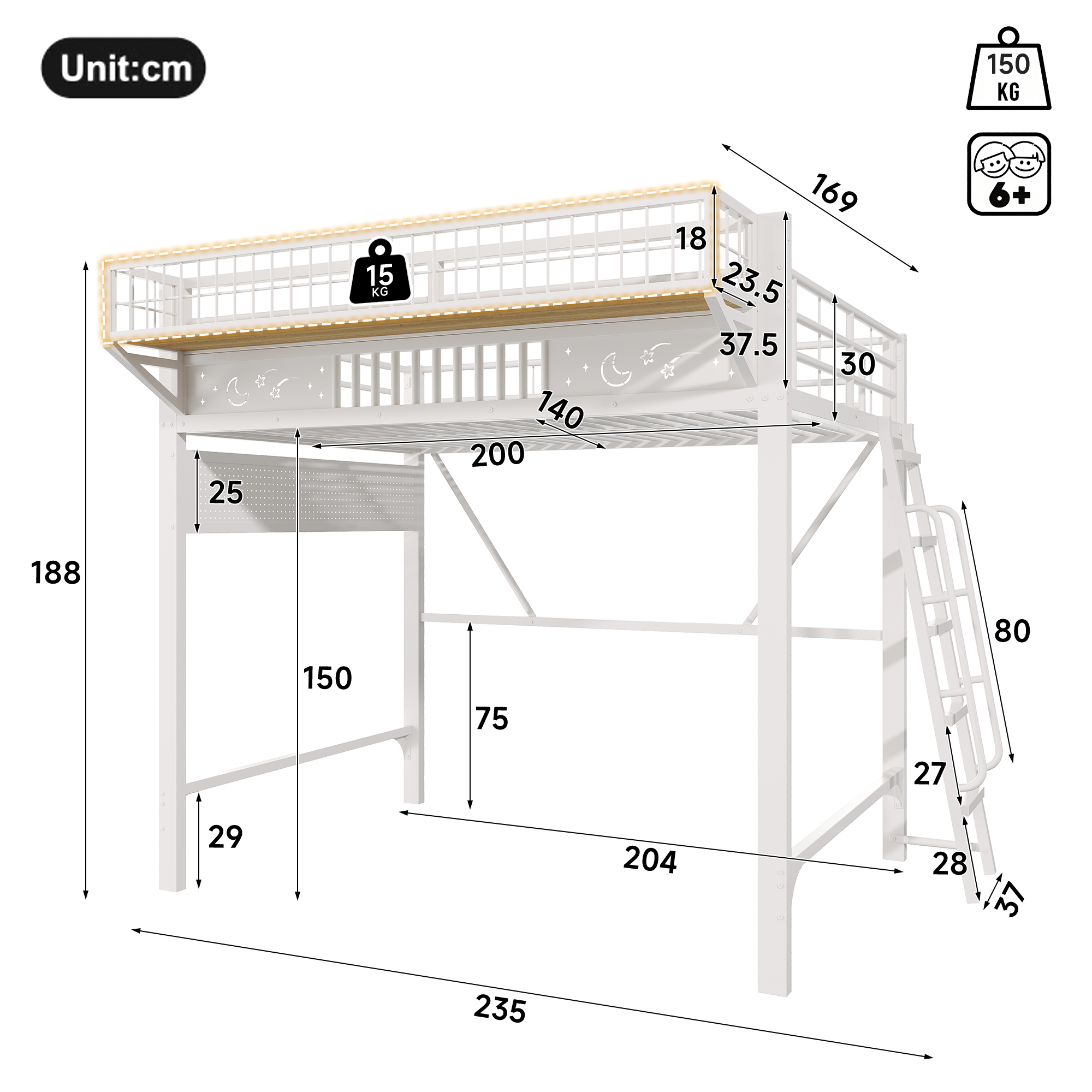 Lit mezzanine, 235 x 169 x 188 cm, métal, blanc - vue 8