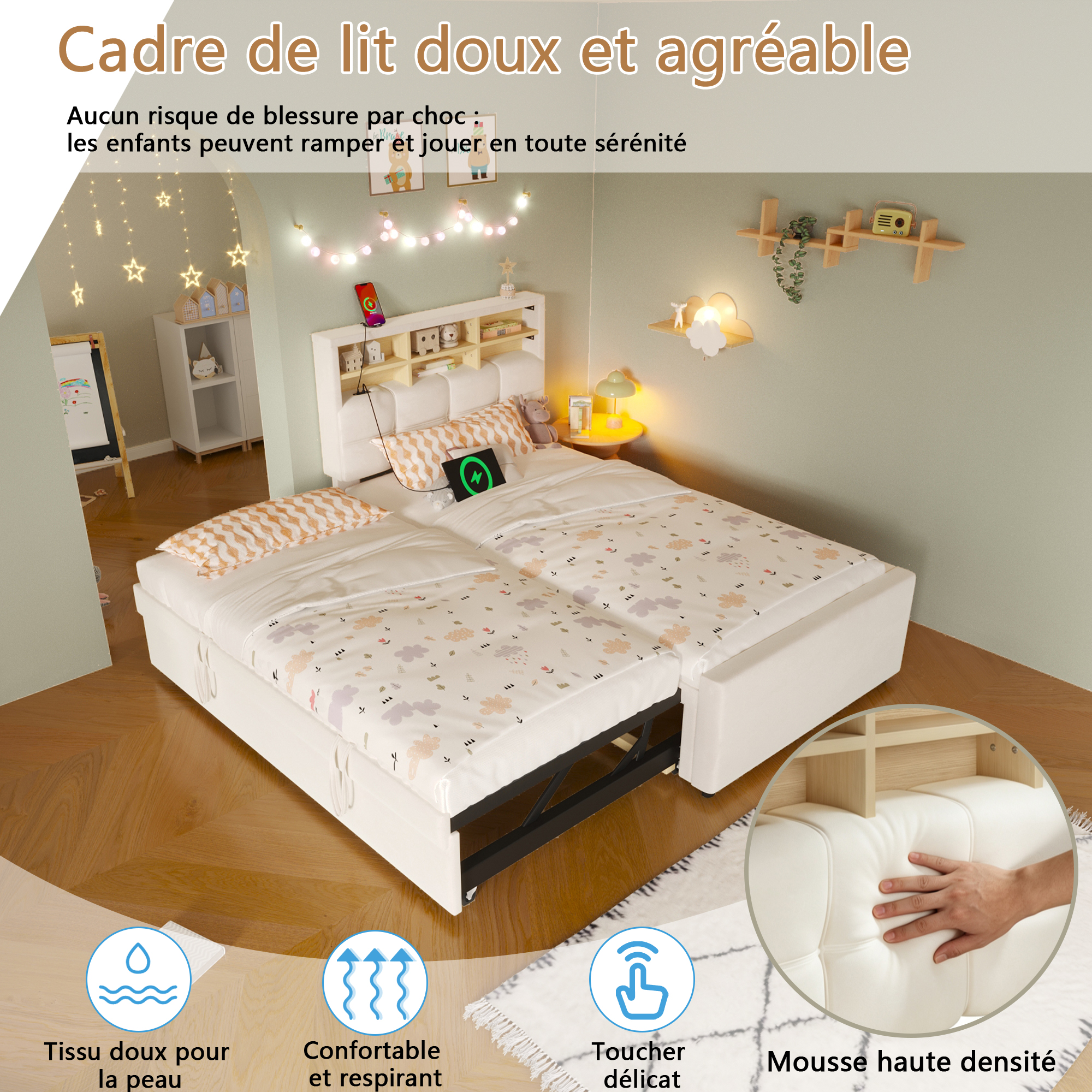 Banquette-lit extensible en velours beige