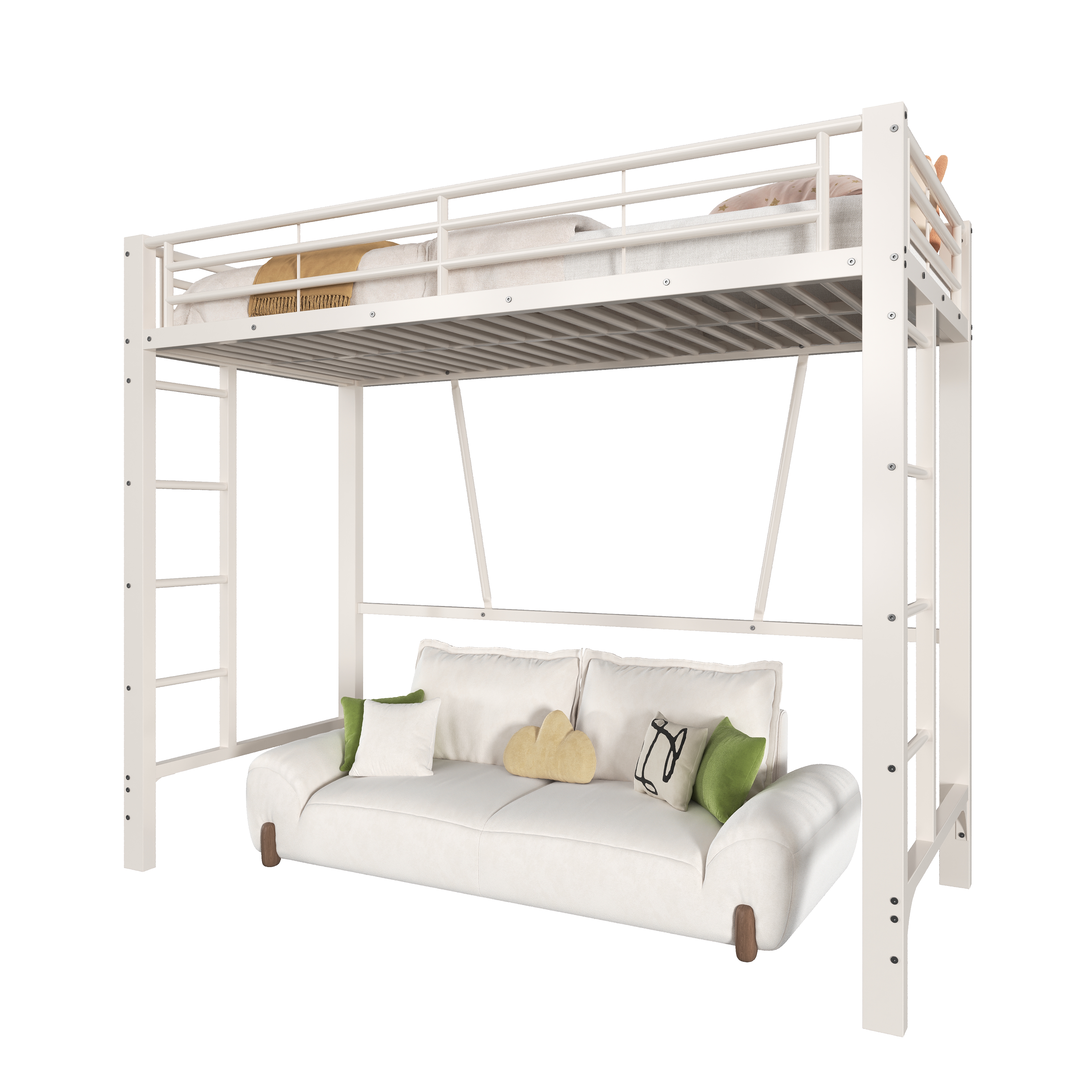 Détails de Lit mezzanine en métal 90 x 200 cm avec double échelle, rangements, espace inférieur ouvert et barrières de sécurité, Blanc, sans matelas