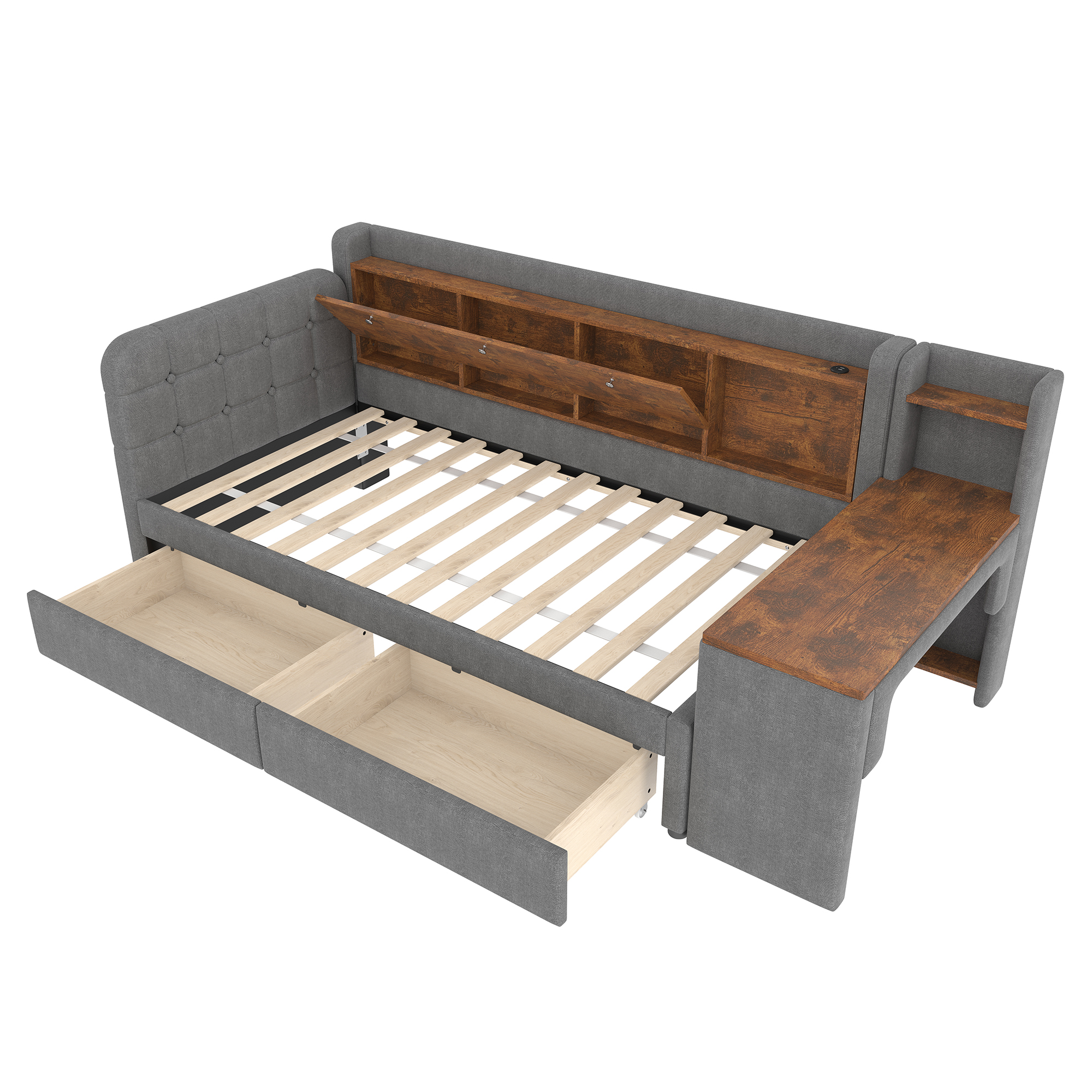 Lit en chanvre et MDF, rangement avec couvercle rabattable et étagère, bureau flexible, pour chambre, matériau écologique respirant, design intelligent, beaucoup de stockage, style naturel, durabilité - image 8