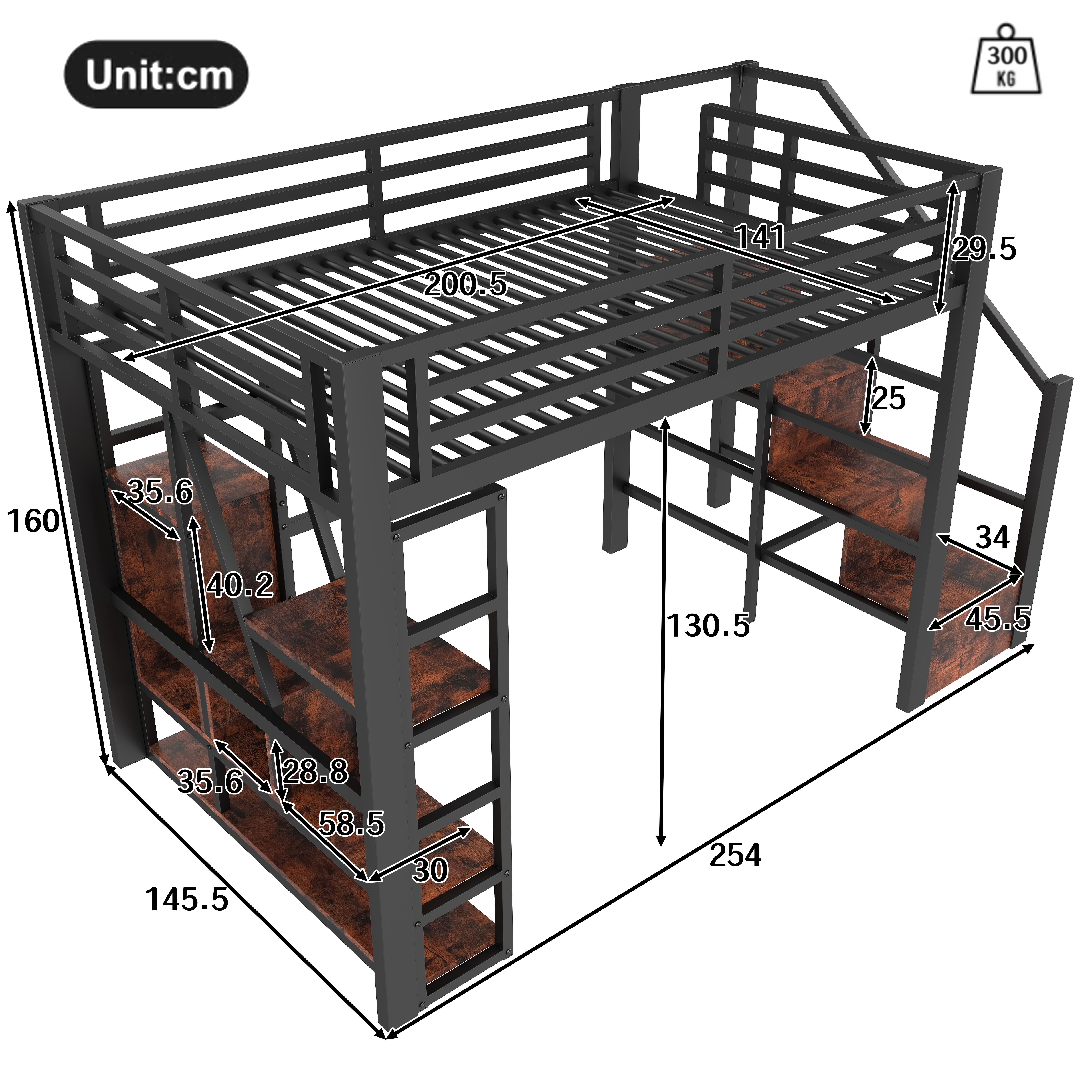 Lit mezzanine 140 x 200 cm avec éclairage LED, rangements intégrés, noir - vue complémentaire 1