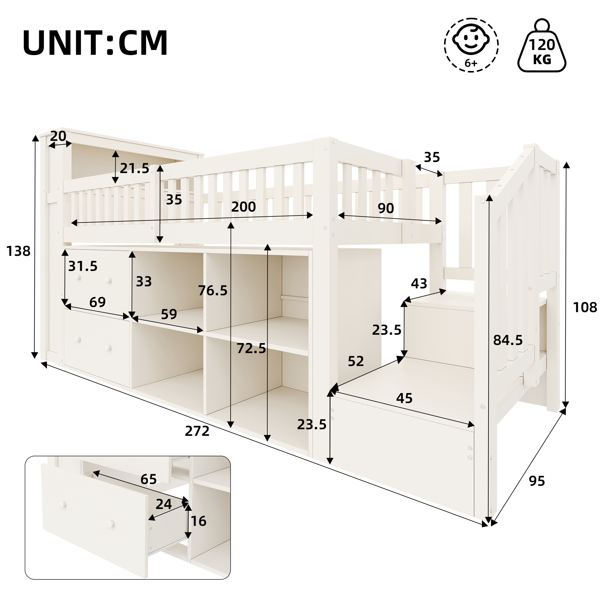 Dimensions du lit mezzanine 90x200 cm avec bureau et rangements