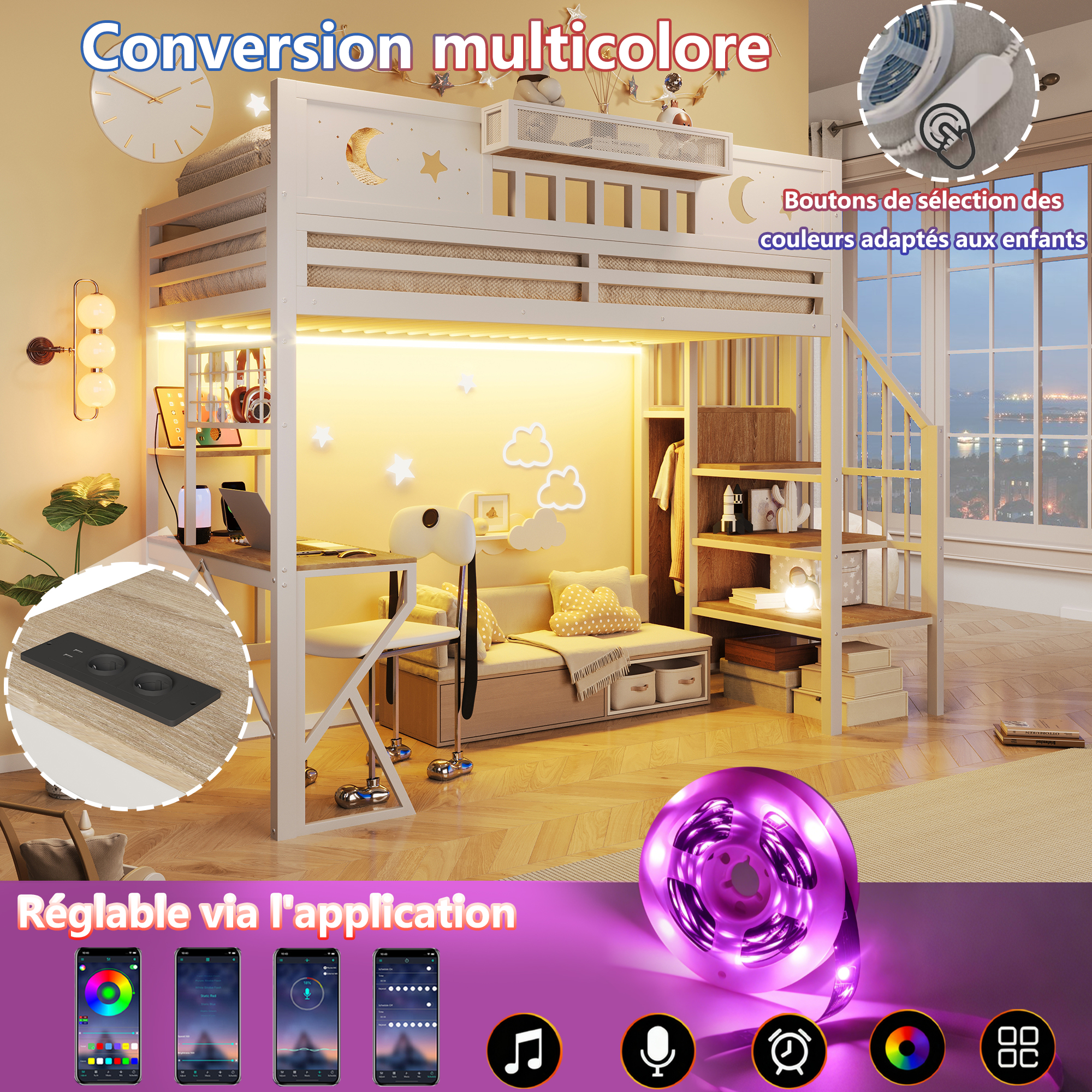 Bandeau LED multicolore et ports USB du lit mezzanine