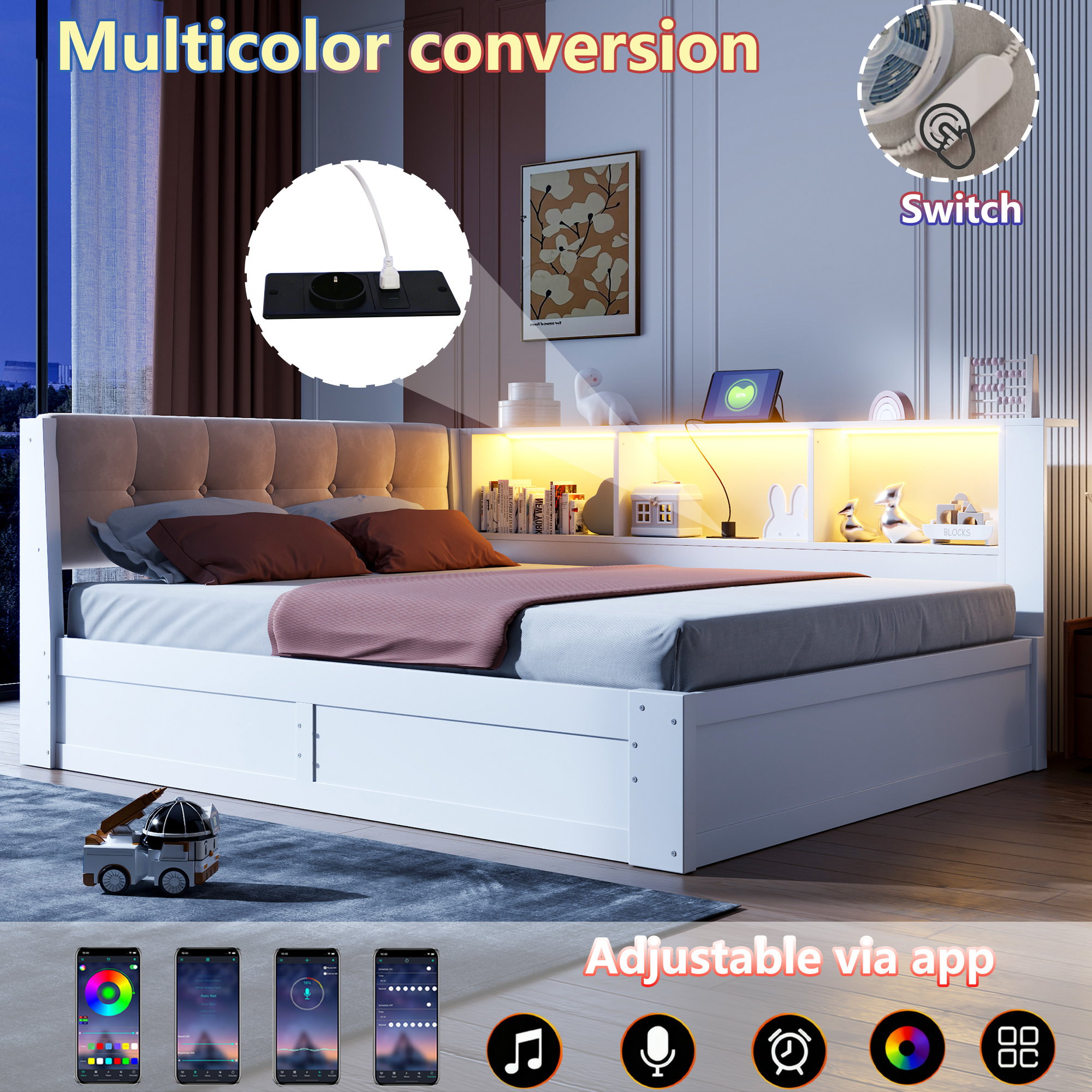 Canapé convertible, ports USB, éclairage led, intensité réglable, prises et recharge intégrées, 209 x 165 x 83 cm, tissu effet lin et bois, blanc - vue 7