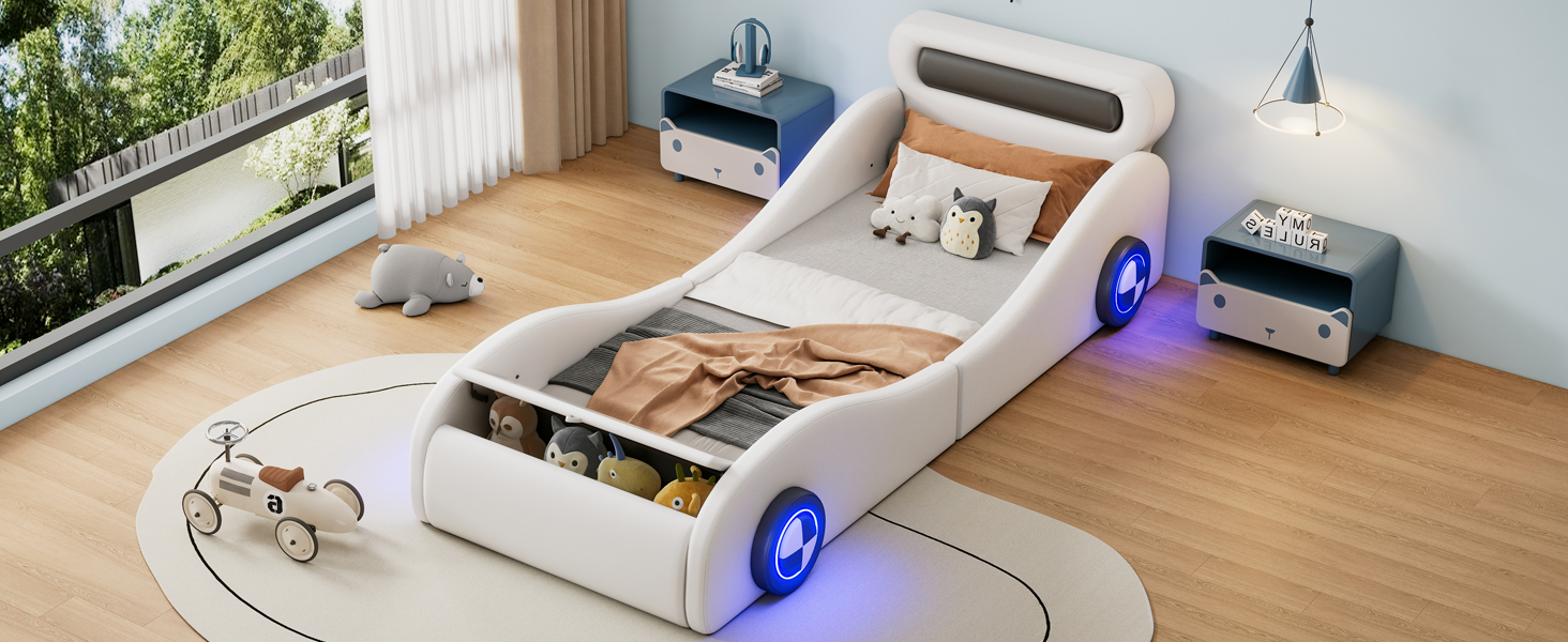 Lit enfant voiture blanc 90x200 cm avec LED
