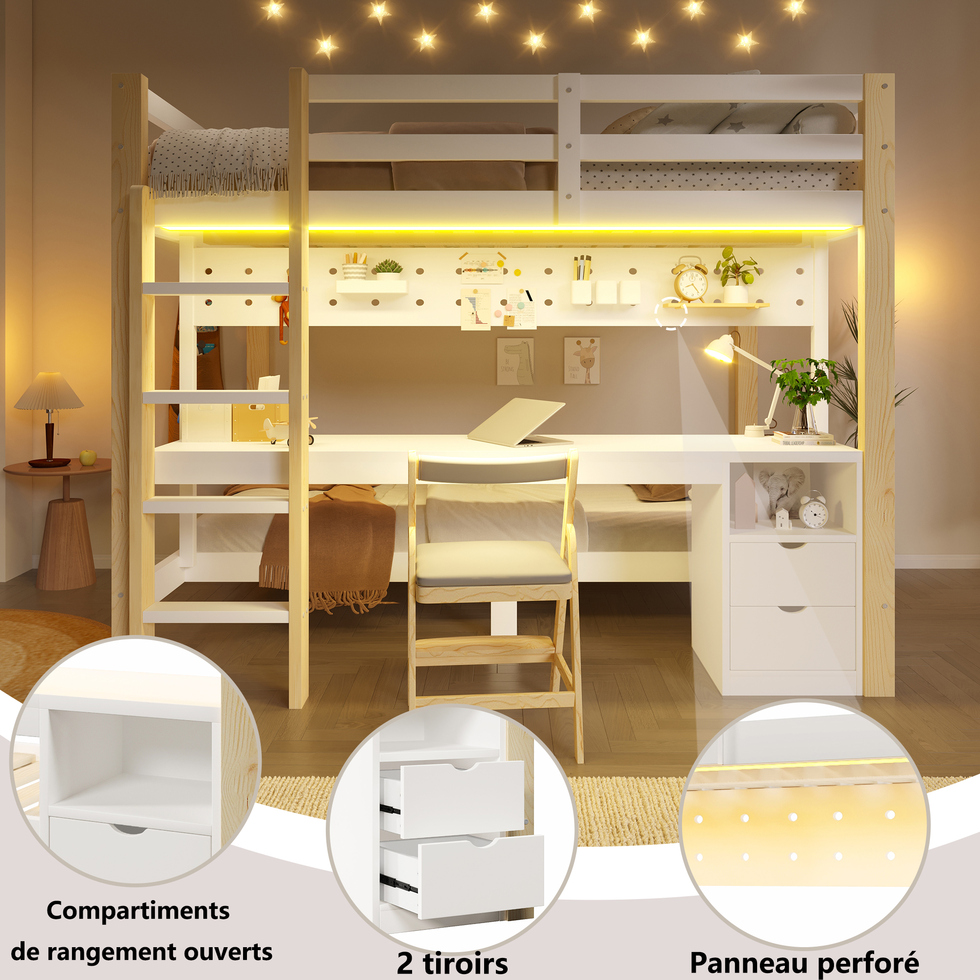 Lit mezzanine 90x200 et 140x200 cm avec rangement, tiroirs, bureau, LED pin, MDF blanc et bois naturel - vue complémentaire 1