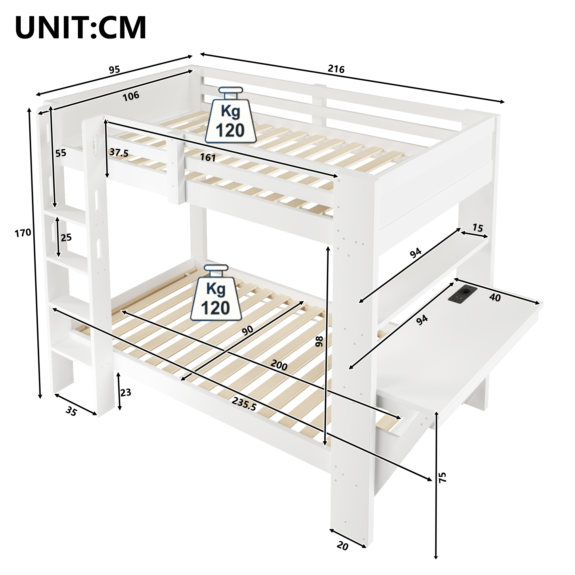 Lit mezzanine avec bureau – Bureau fonctionnel sous le lit