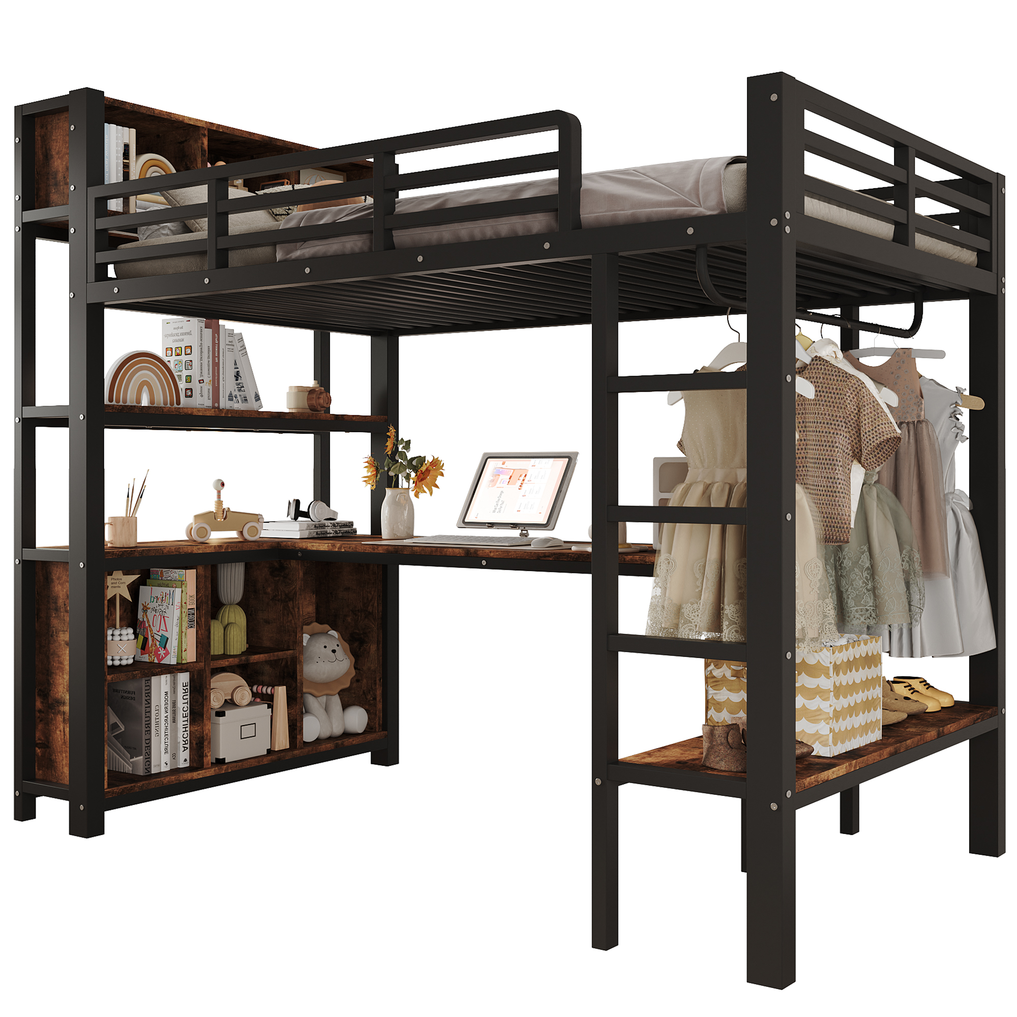 Détails lit mezzanine noir avec bureau et rangement