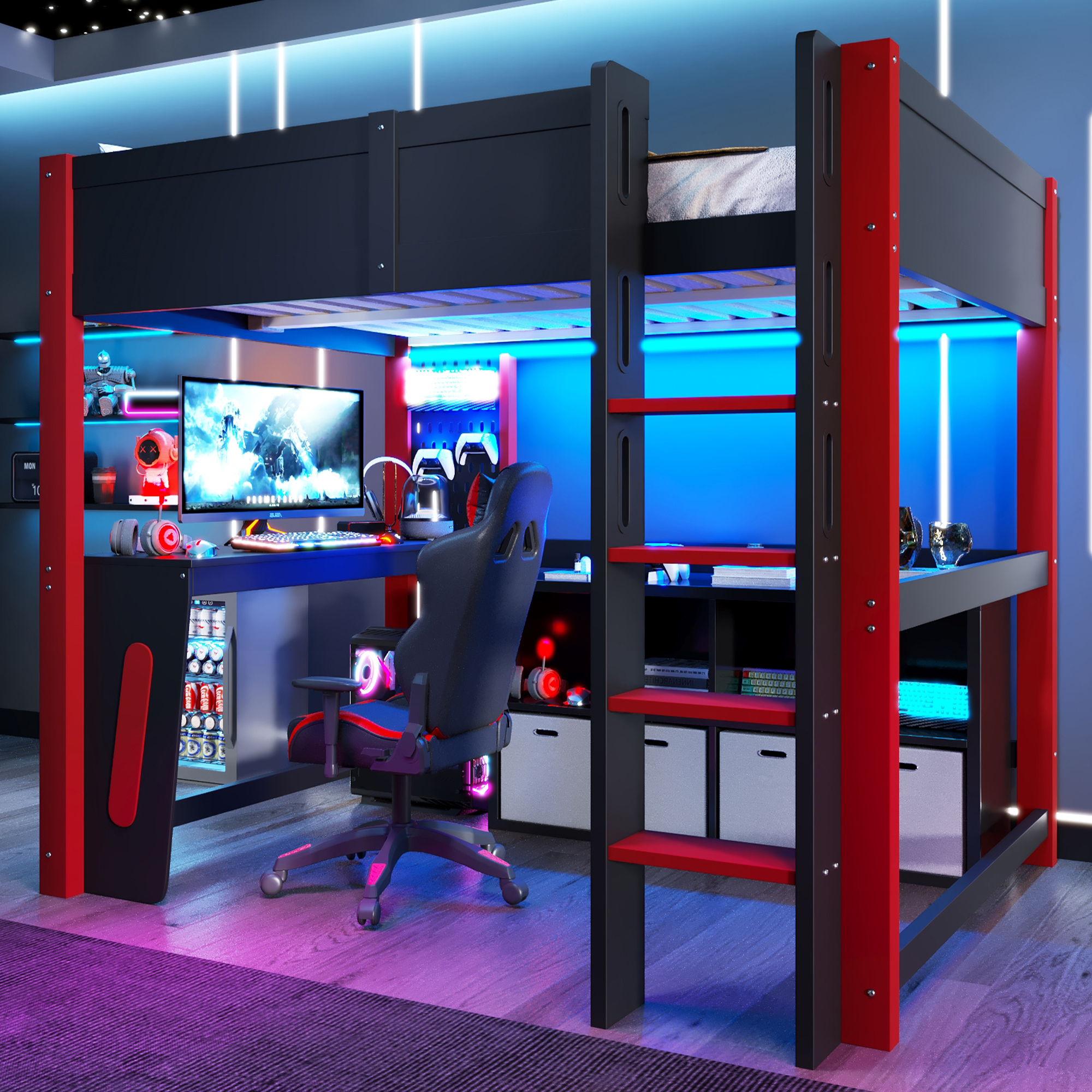 Lit mezzanine 140 x 200 cm avec bureau, LED, MDF et pin, Noir - vue principale