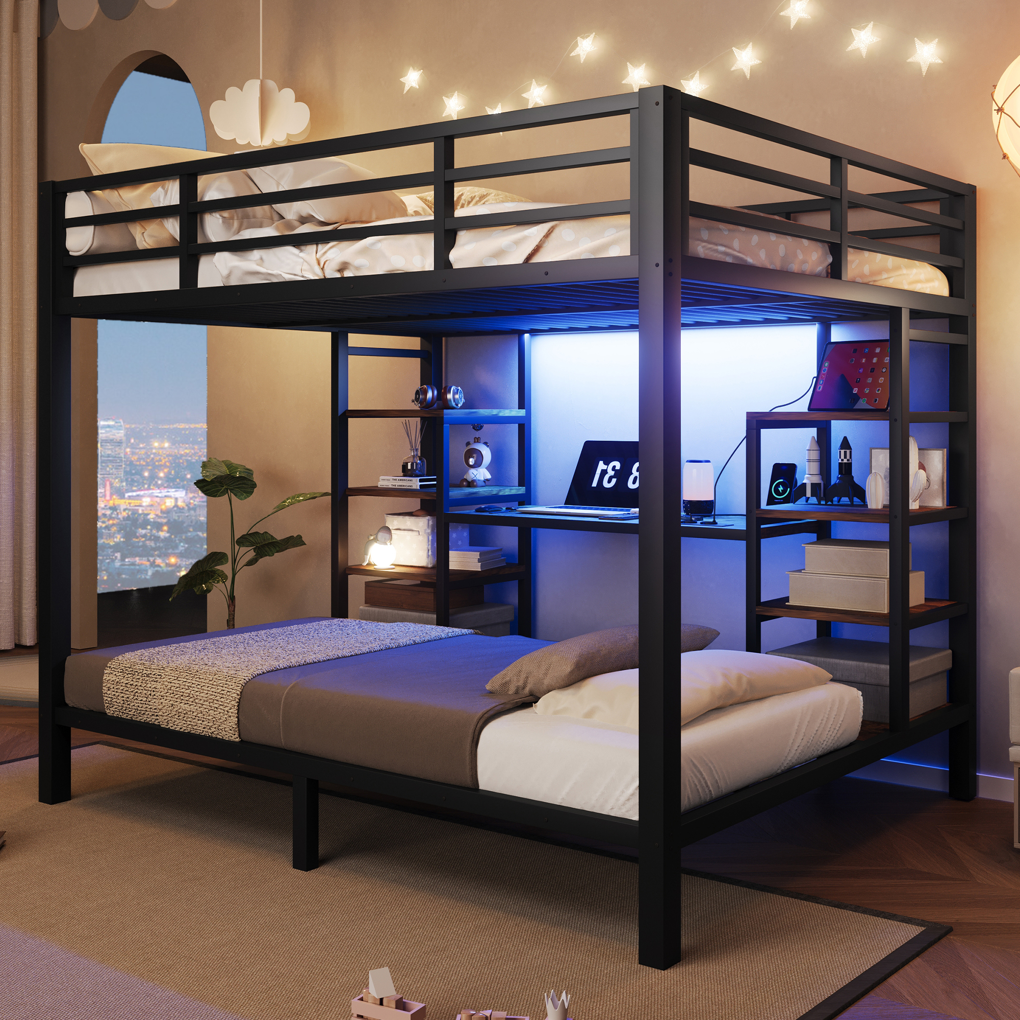 Lit superposé métal noir 90x200 et 140x200 cm avec LED et rangements