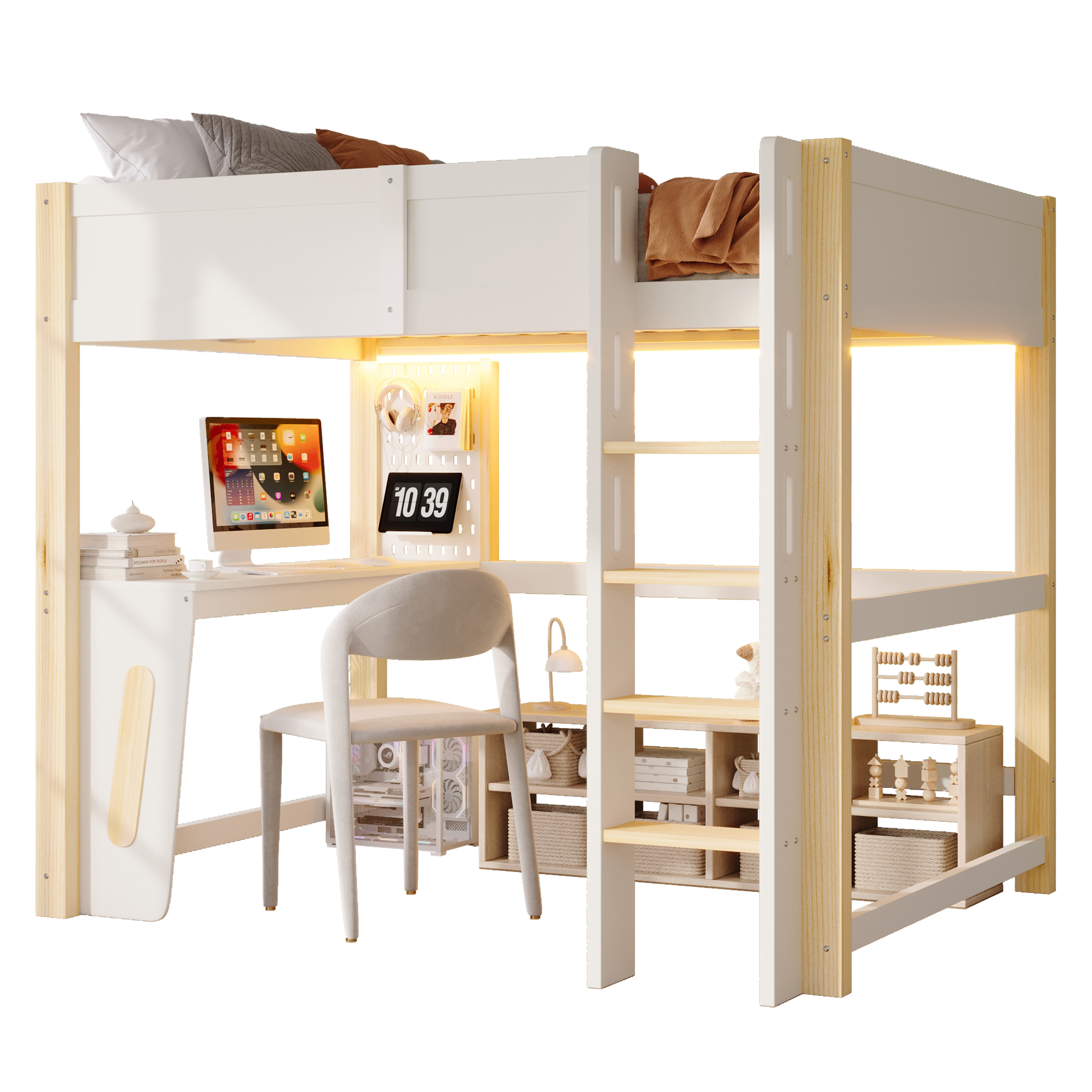 Lit mezzanine 140 x 200 cm avec bureau, LED, MDF et pin, Bois naturel - fonctions