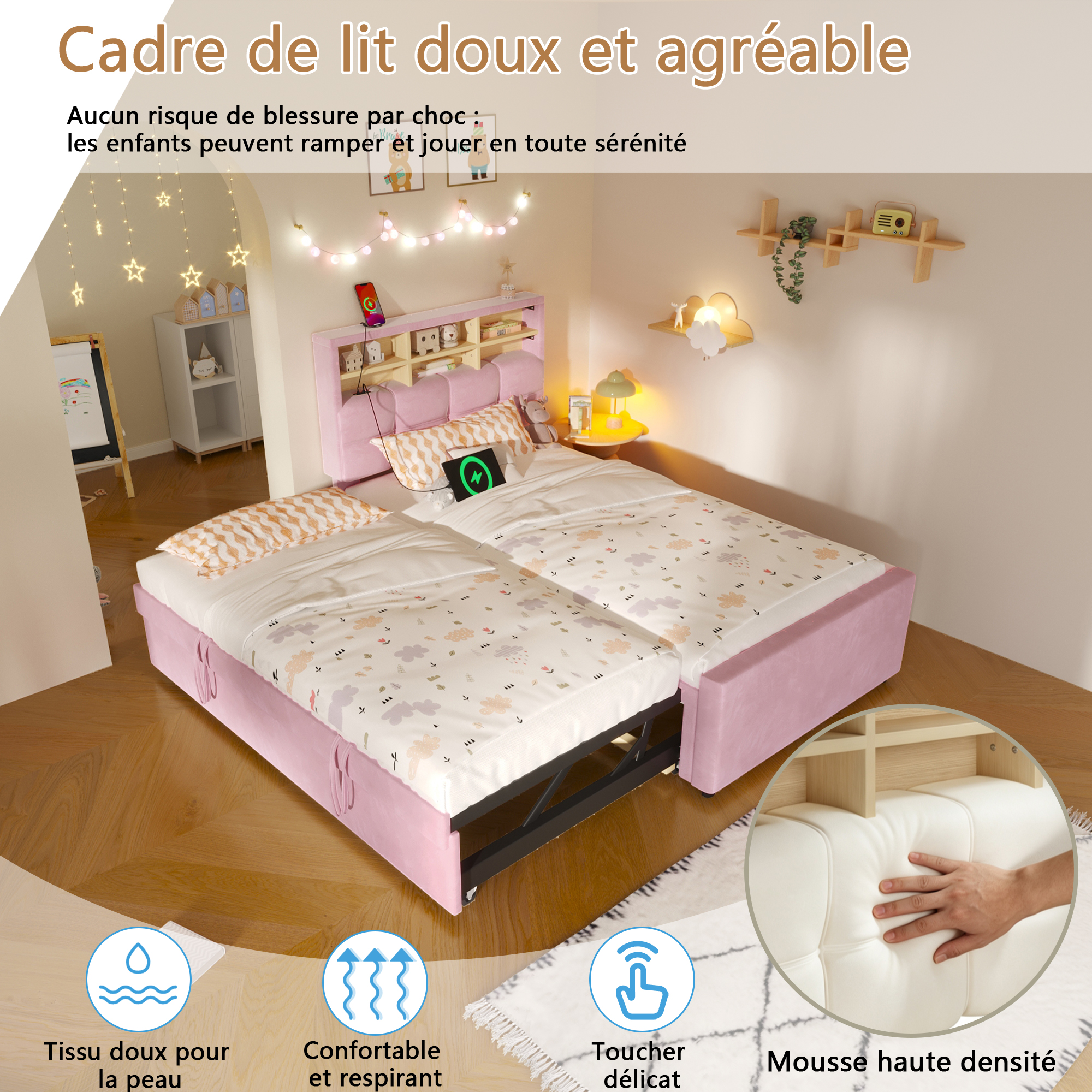 Banquette-lit rose avec couchage extensible