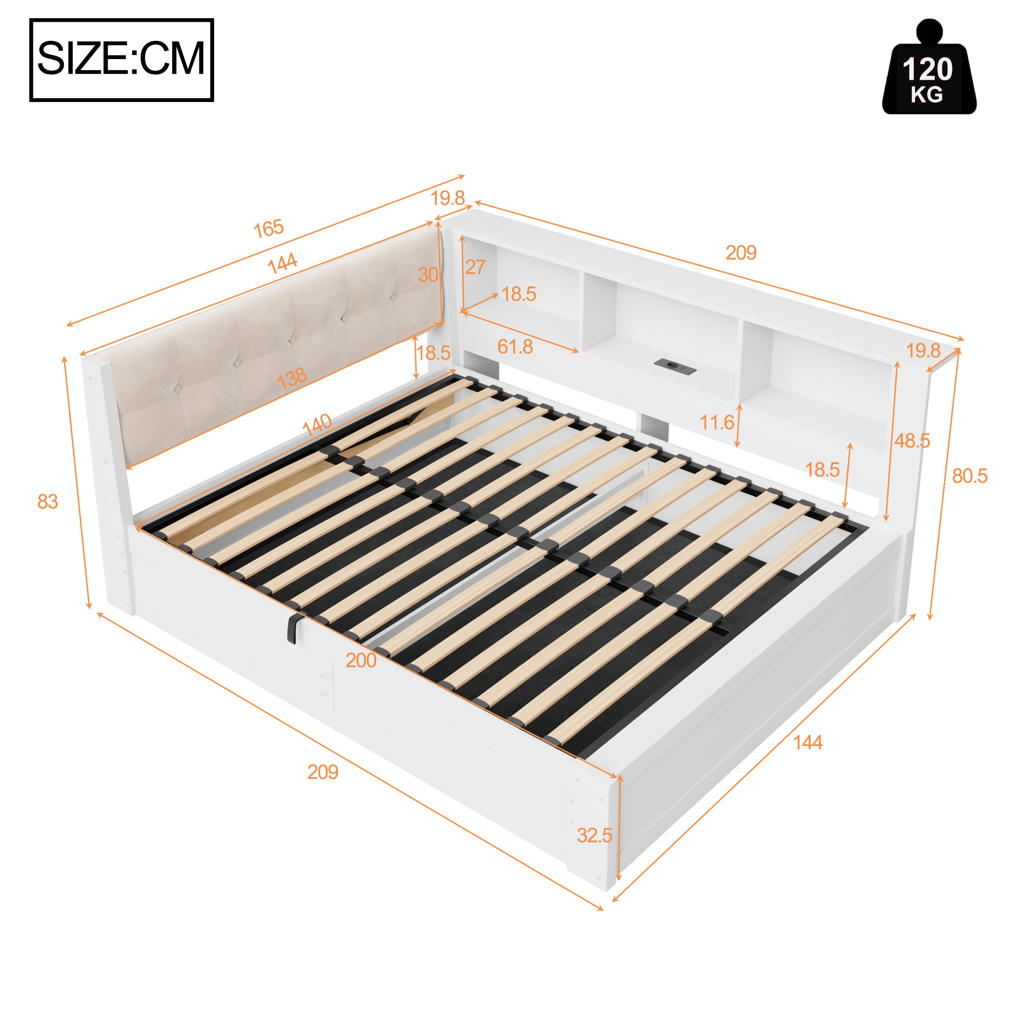 Canapé convertible, ports USB, éclairage led, intensité réglable, prises et recharge intégrées, 209 x 165 x 83 cm, tissu effet lin et bois, blanc - vue 6