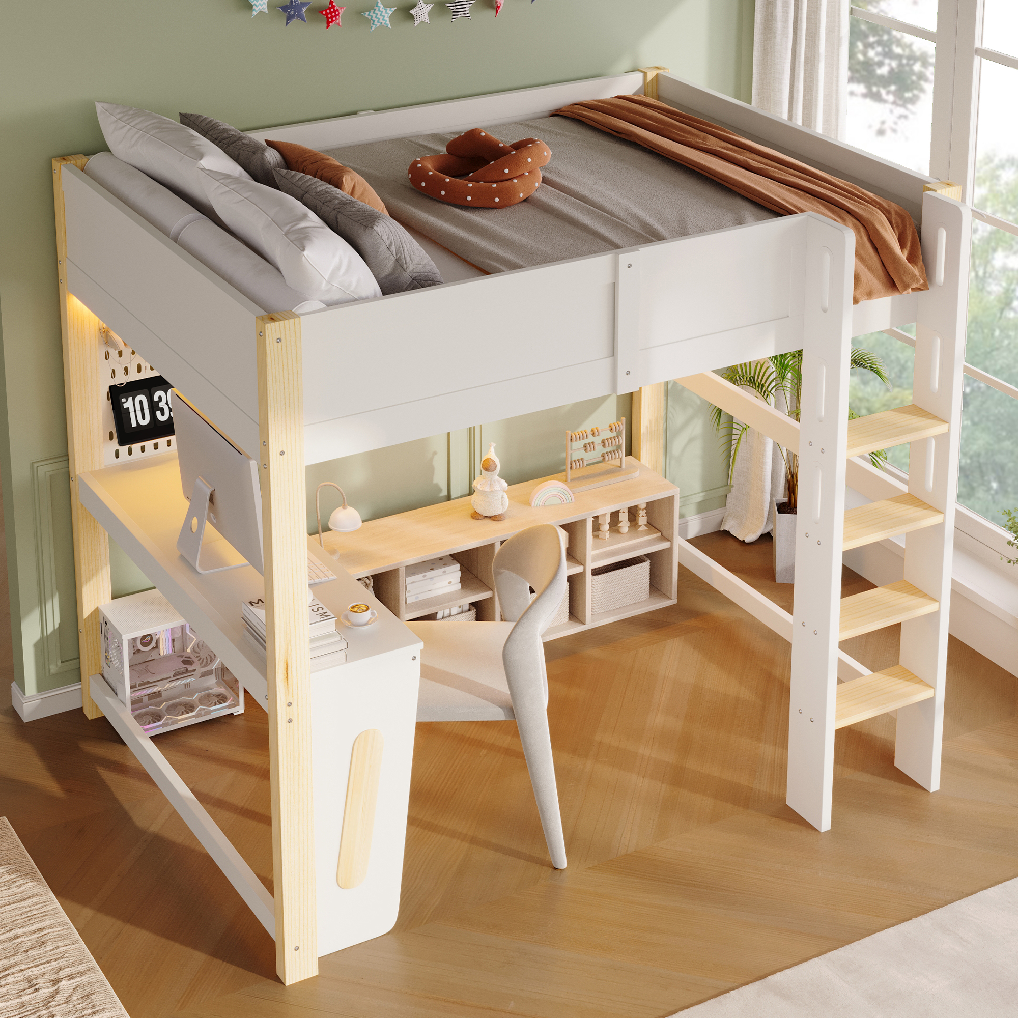 Lit mezzanine 140 x 200 cm avec bureau, LED, MDF et pin, Bois naturel - vue principale