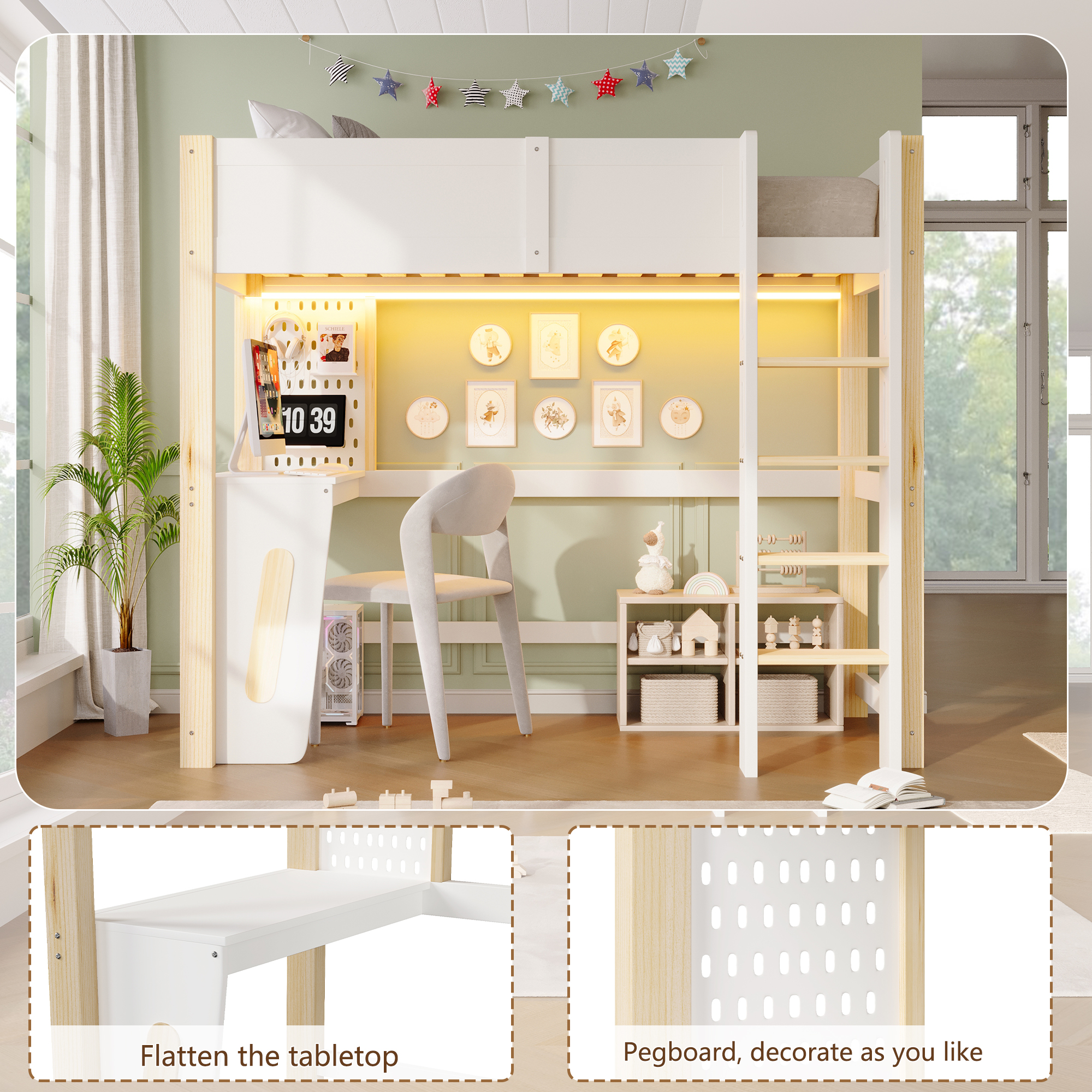 Lit mezzanine 90 x 200 cm avec bureau, LED, MDF et pin, Bois naturel - dimensions et détails