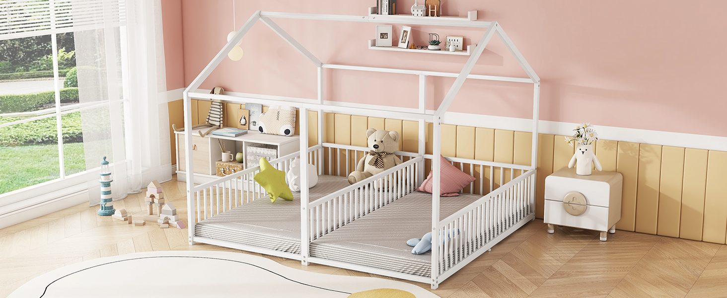 Lit jumeaux enfant en fer 2×90×200 cm en forme de maison, barrières sécurité, pour famille avec 2 enfants, design créatif, indépendance de couchage, stabilité, sécurité, style ludique, décoration - image 23