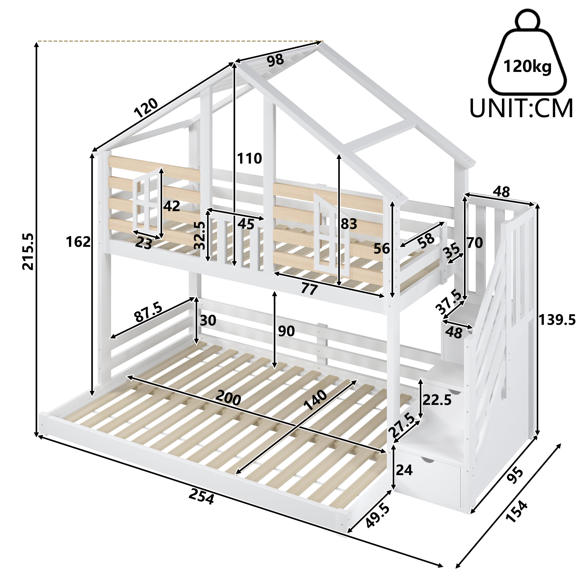 Lit superposé cabane 90 x 200 cm + 140 x 200 cm avec escalier de rangement et design fenêtre blanc et bois naturel vue détaillée