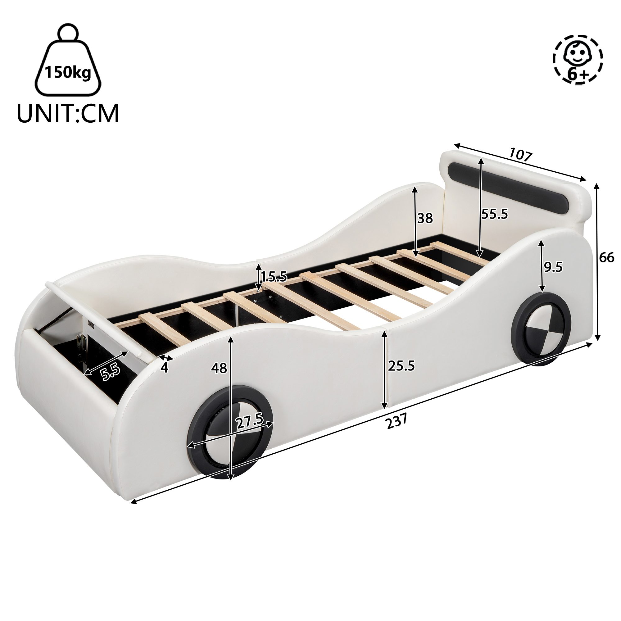 Vue complète du lit enfant voiture avec éclairage LED