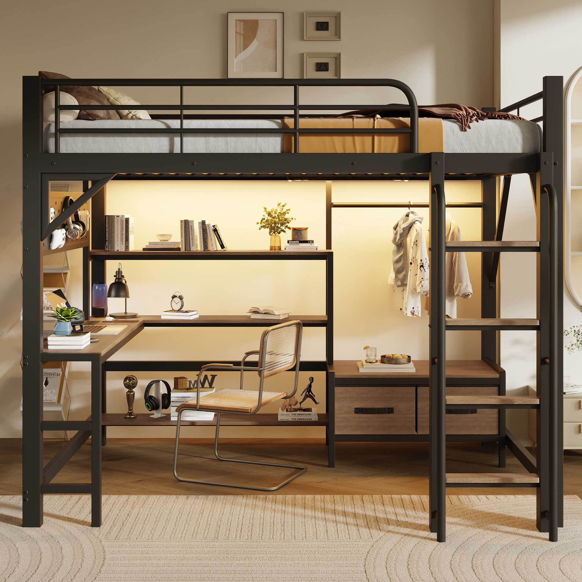 Lit mezzanine 140 x 200 cm avec éclairage LED, port USB / Type-C, prises intégrées, rangements intégrés, bureau intégré, noir - présentation 1
