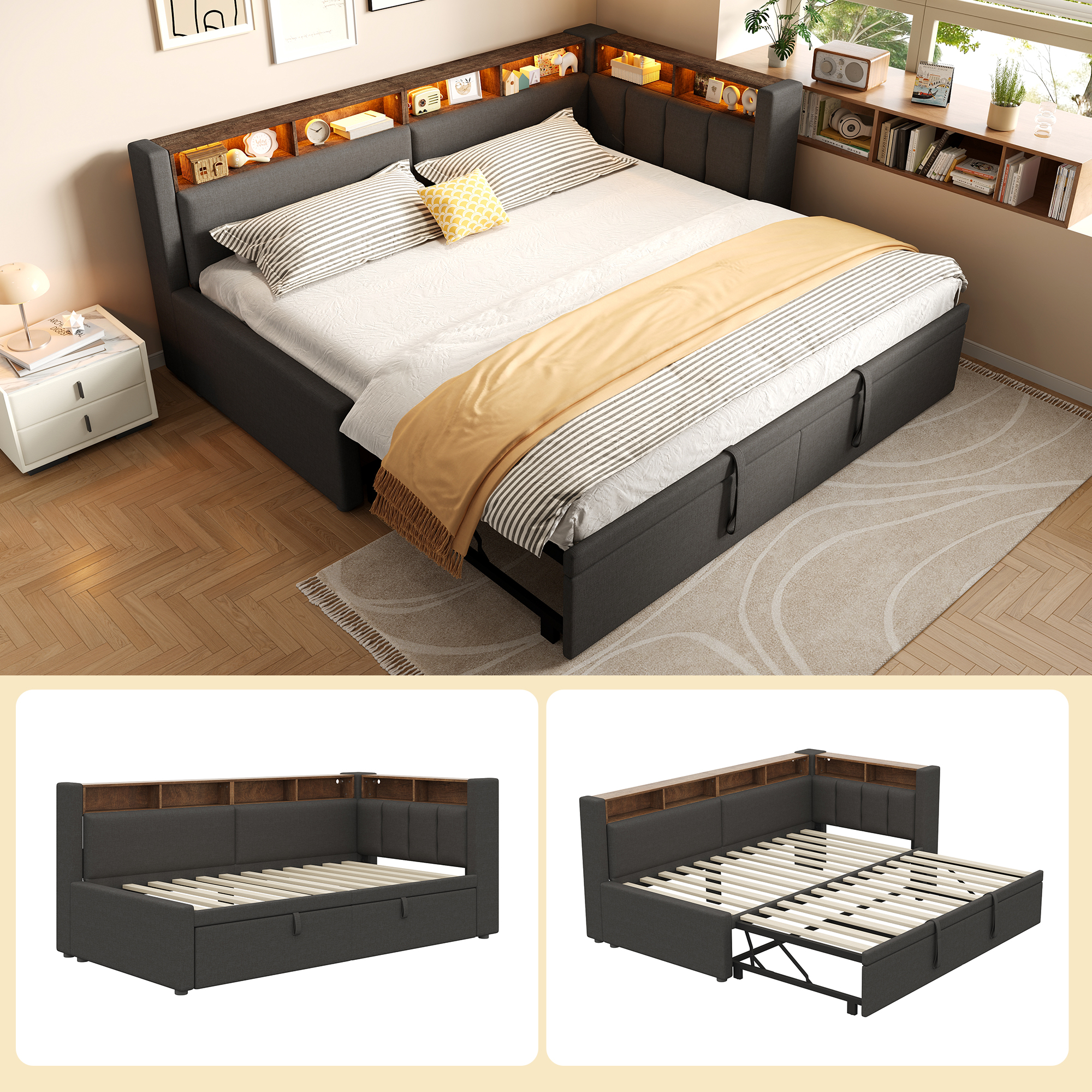 Lit de Jour Convertible 90×200 cm – Lin de Qualité, LED et Rangement Intégré – Bandeau LED multicolore et atmosphère personnalisée