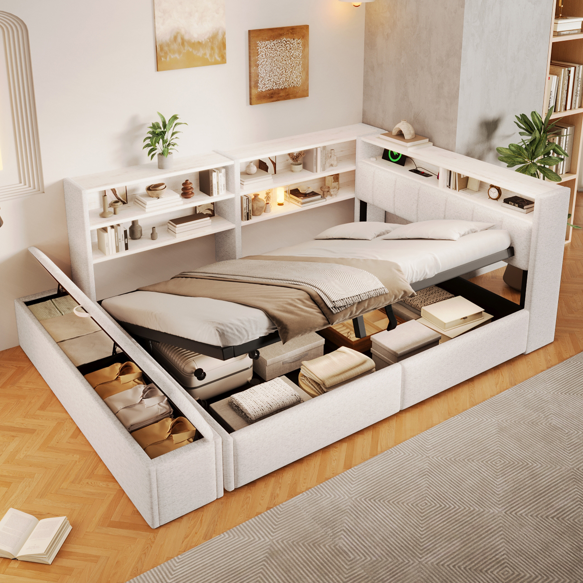 Lit banquette blanc 140 x 200 cm avec rangement hydraulique, banquette, LED RGB et ports USB