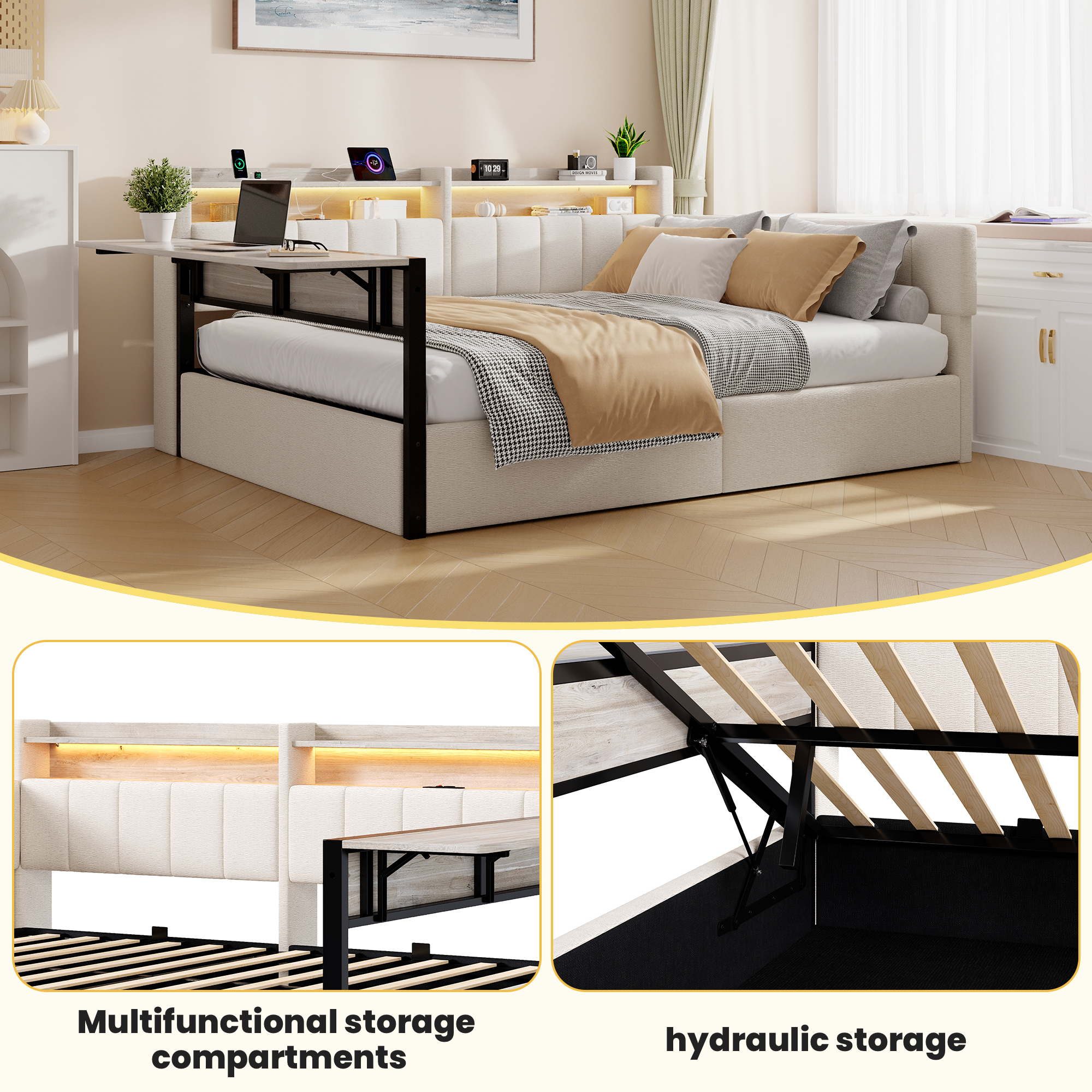 Lit banquette coffre – Bande LED et prise USB