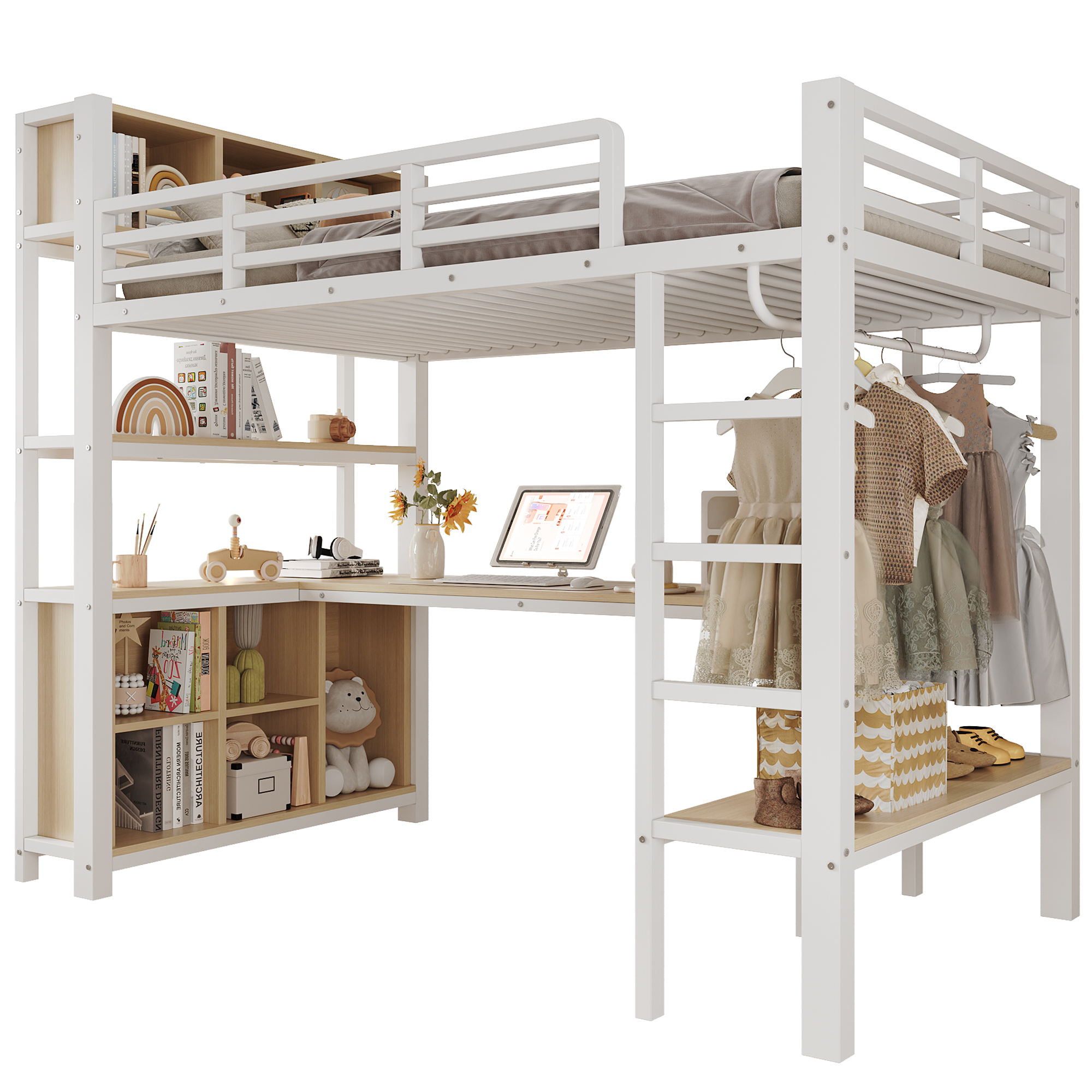 Détails de Lit mezzanine en métal 90 x 200 cm avec bureau, penderie, rangements et espace inférieur ouvert, Blanc, sans matelas