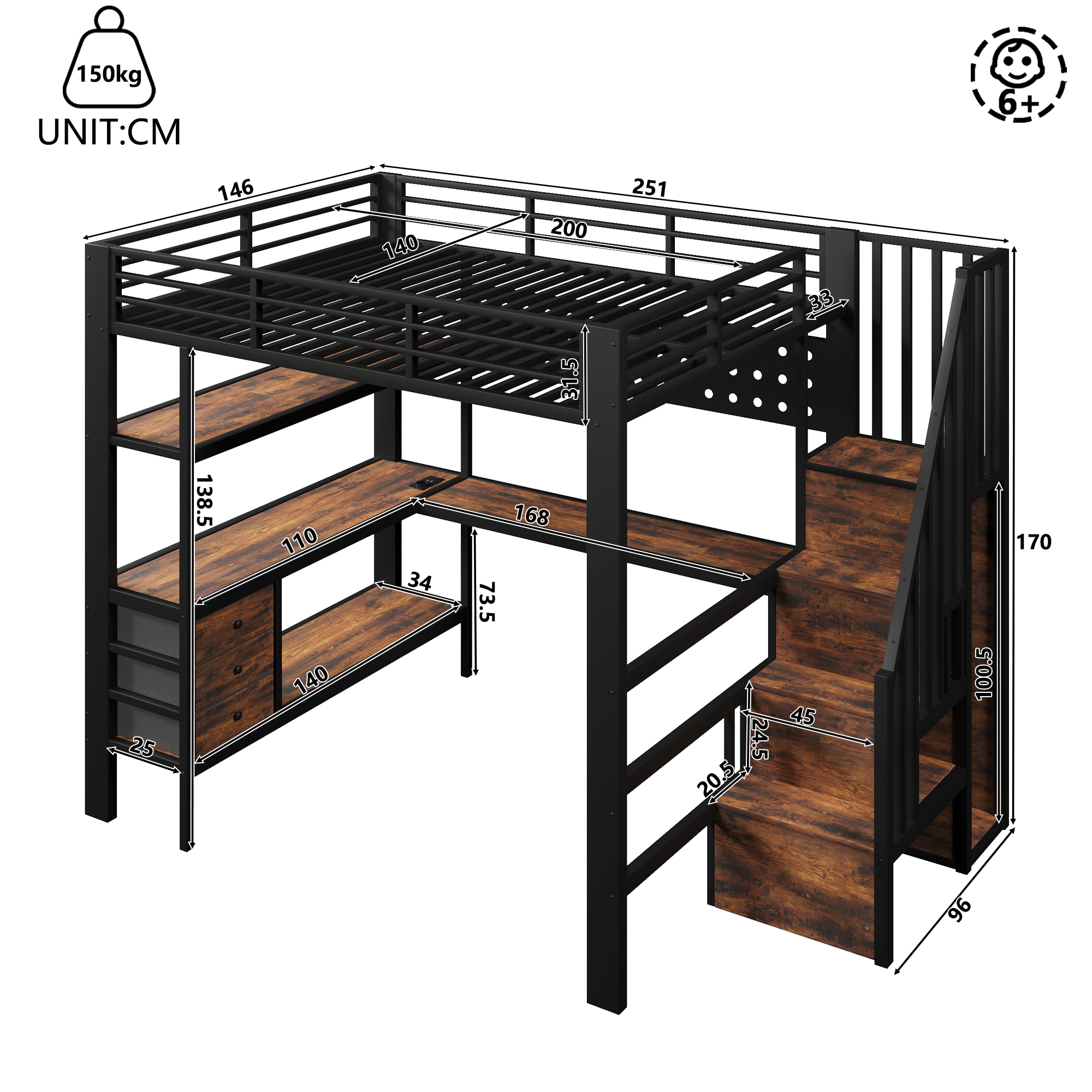 Dimensions lit mezzanine 140x200cm