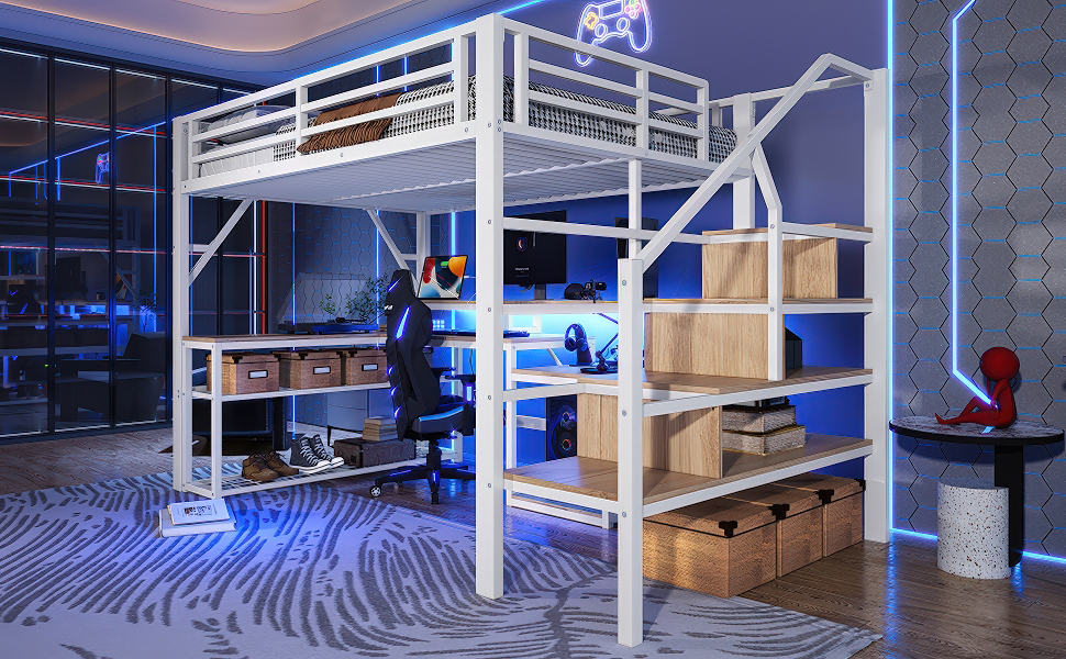 Lit mezzanine fer et MDF avec LED contrôlable app, USB, étagères et compartiments, pour chambre d'enfant et étude, structure stable, ambiance lumineuse, beaucoup de rangement, design moderne, sécurité - image 18
